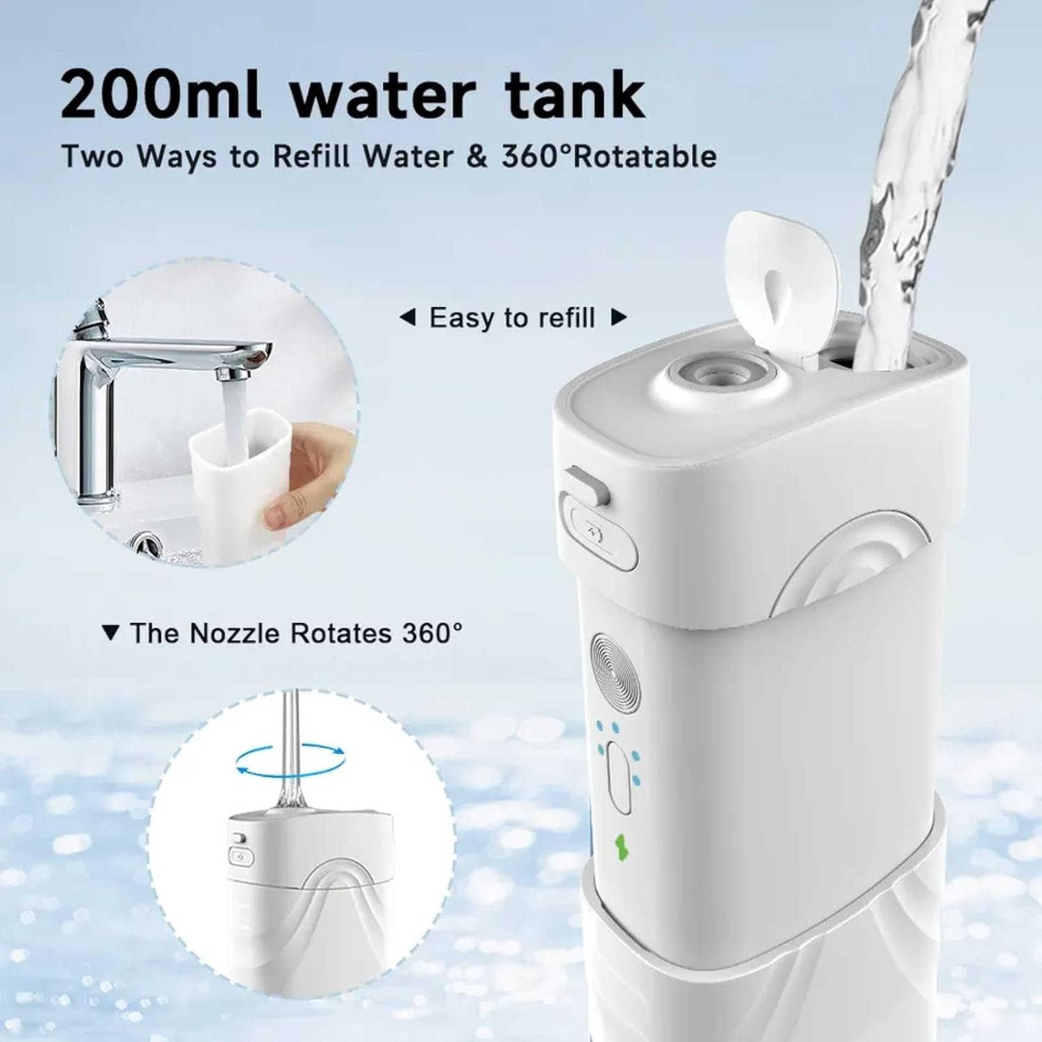 Water Flosser Multifunctional Rechargable and Portable Tooth Cleaner Dental Care Orthodontics Oal Hygiene 200 ml Telescopic Water Tank with 4 Water Flossing Tips and Nozzle Storage- Water Floss White