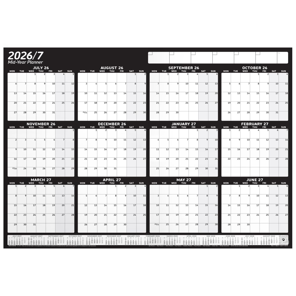 PlannerHead 2026/27 Academic Wall Planner/July 2026-June 2027 Calendar UK/Unmounted Unlaminated Year Planner Poster/Grid Landscape Black Gigantic Size 90cm x 135cm (Rolled)