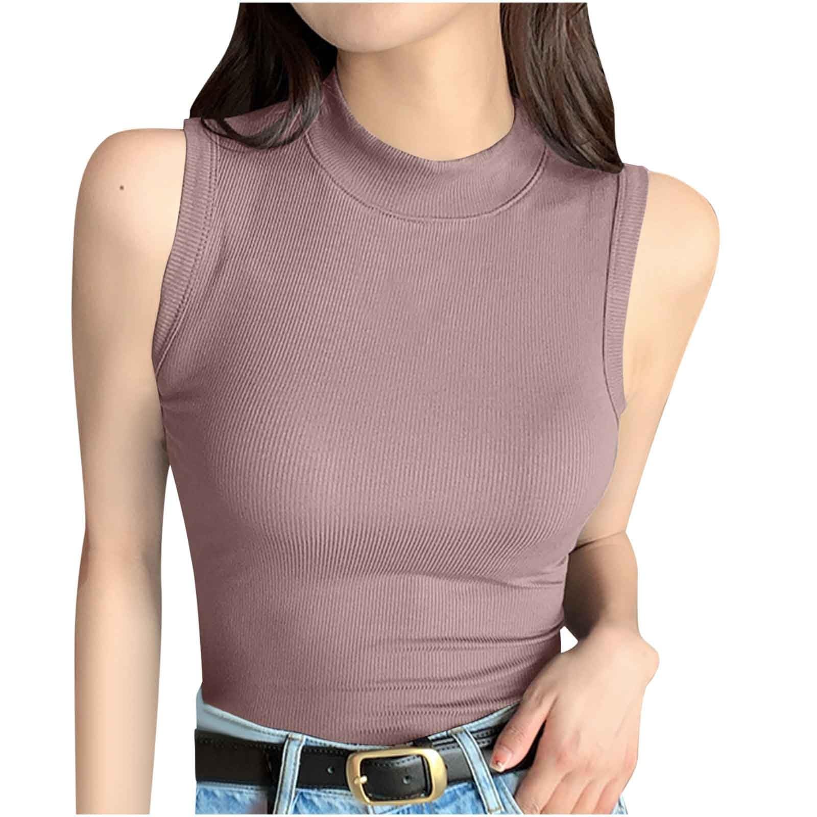 Borniu Womens Summer Sleeveless Tank Tops Ribbed High Neck Racerback Slim Fitted Fashion Knitted Solid Color Casual Shirts