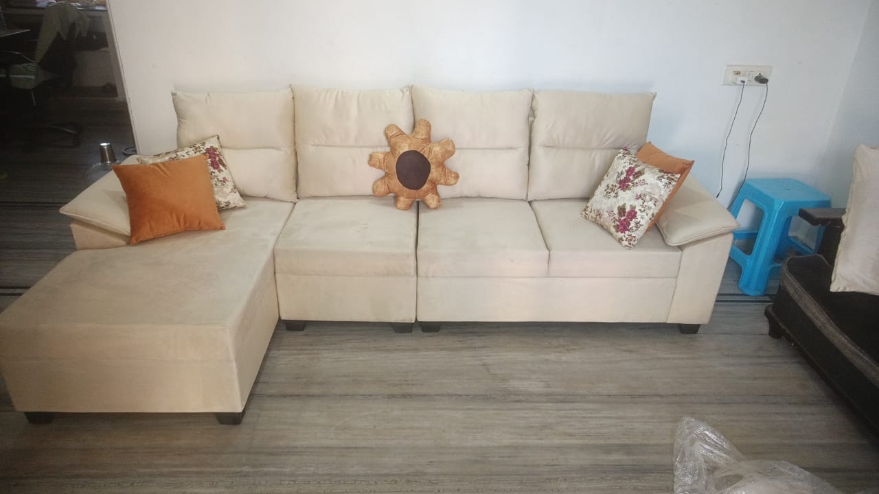 FURNY Bella 5 Seater Fabric LHS L Shape Sofa Set -(Light Grey