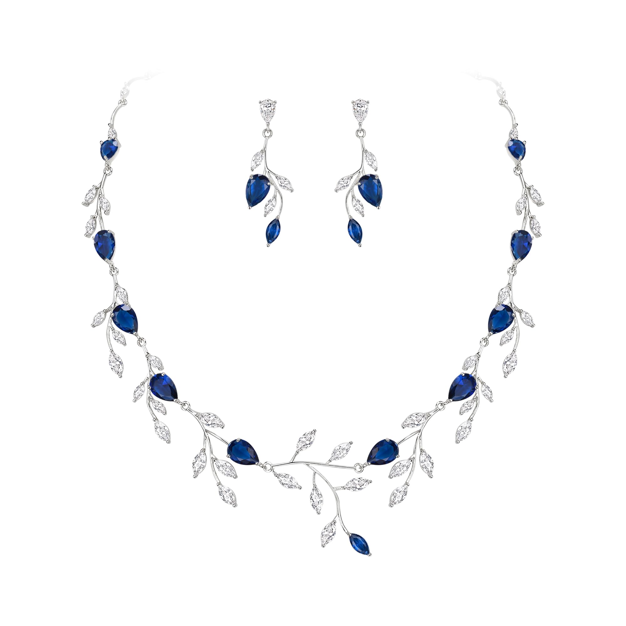 EVER FAITH Set Gioielli Donna, Cristallo Austriaco Sposa Fiore Foglia Collana Orecchini Blu Oro-Fondo