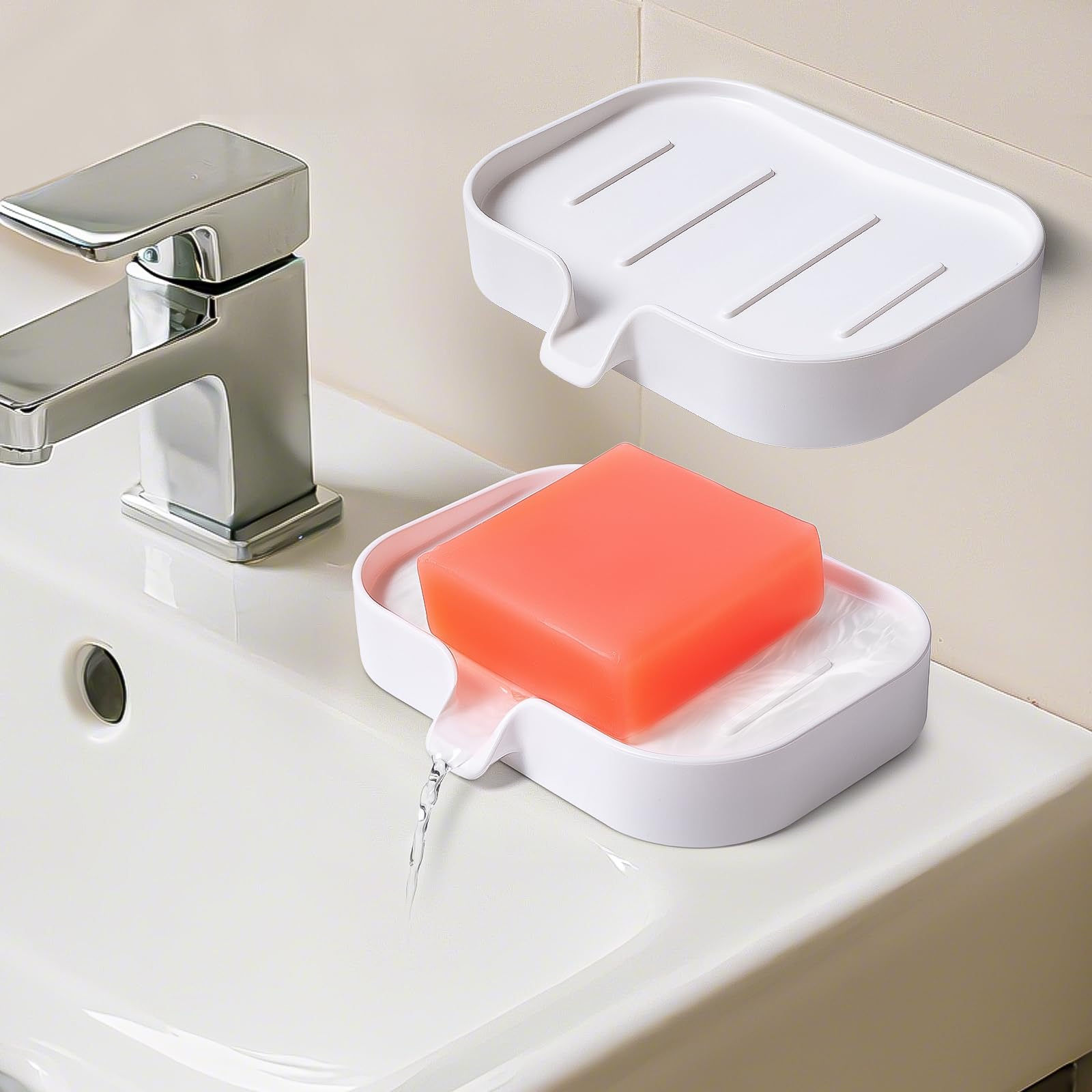 Kovenora 2 PCS Self Draining Soap Dish with Drainage, Adhesive Wall Mounted Soap Bar Holder for Shower, Drill-Free Plastic Soap Tray for Bathroom & Kitchen, Easy Clean