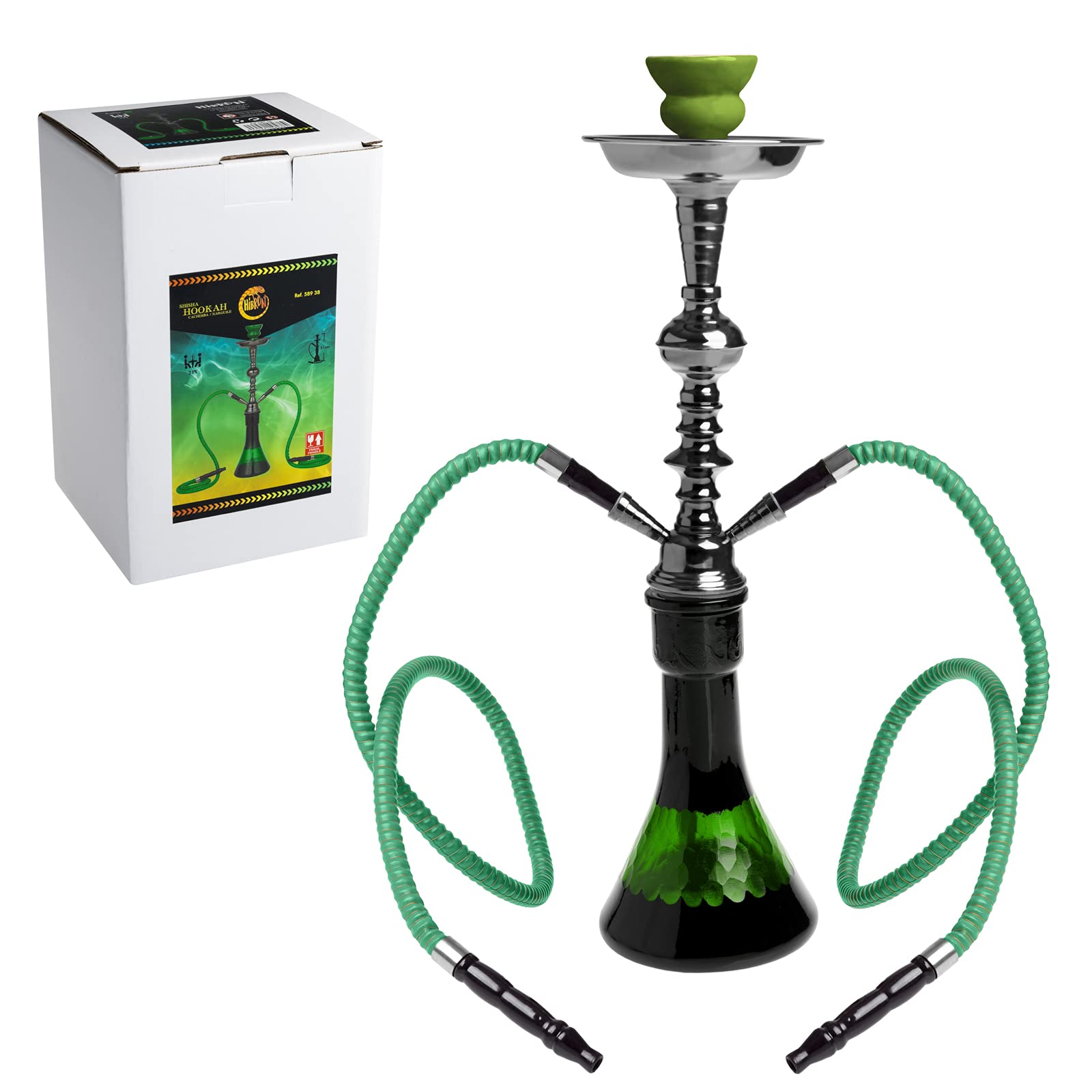 HIBRON Cachimba Grande 51cm Premium Kit Completo, con Cazoleta de Cerámica, 2 Mangueras y Base de Cristal Translúcido