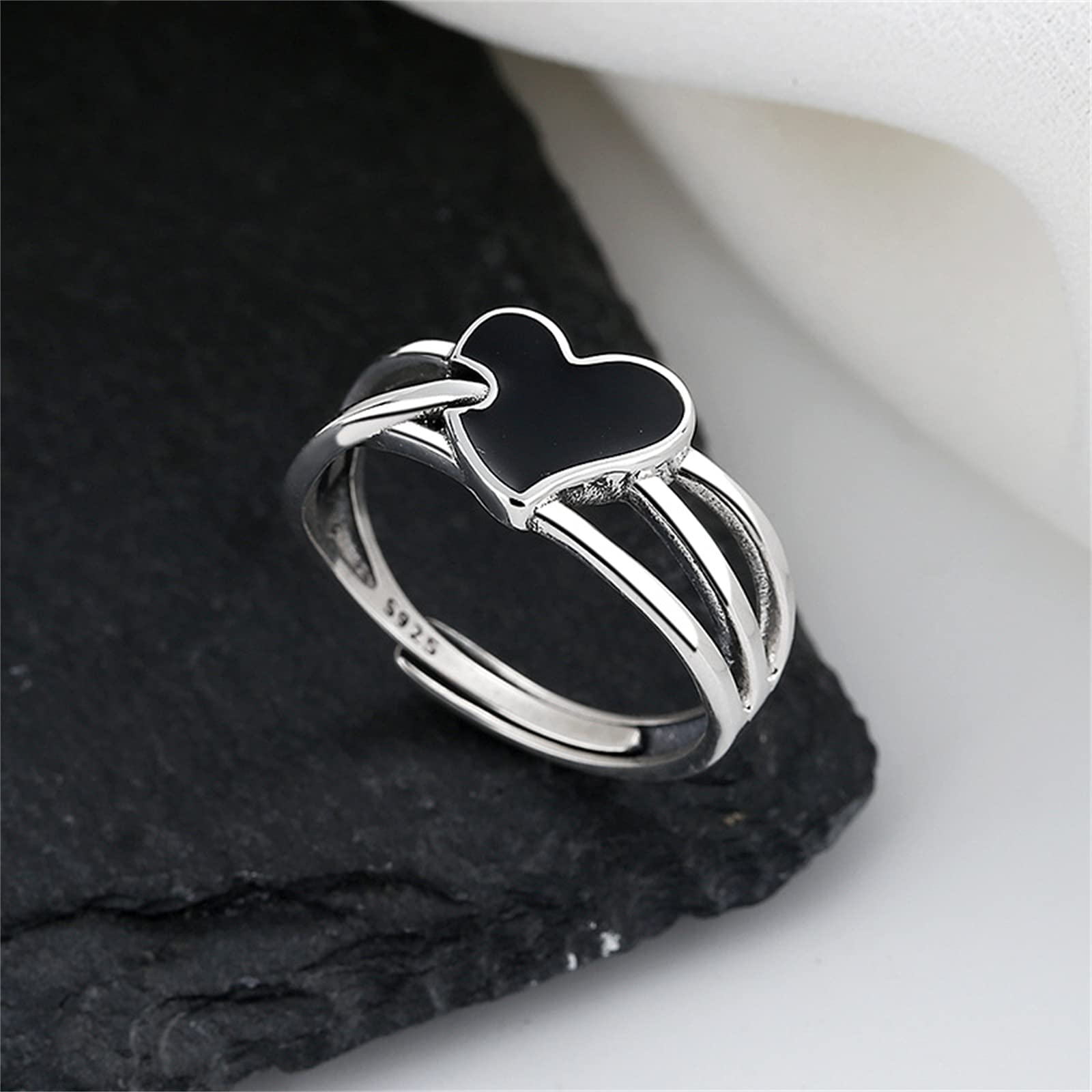 HMJGDHX S925 Sterling Retro wielowarstwowy czarny emaliowany pierścionek w kształcie serca moda hip-hop otwarty regulowany pierścionek odporny na matowienie dopasowany pierścionek z obrączką,