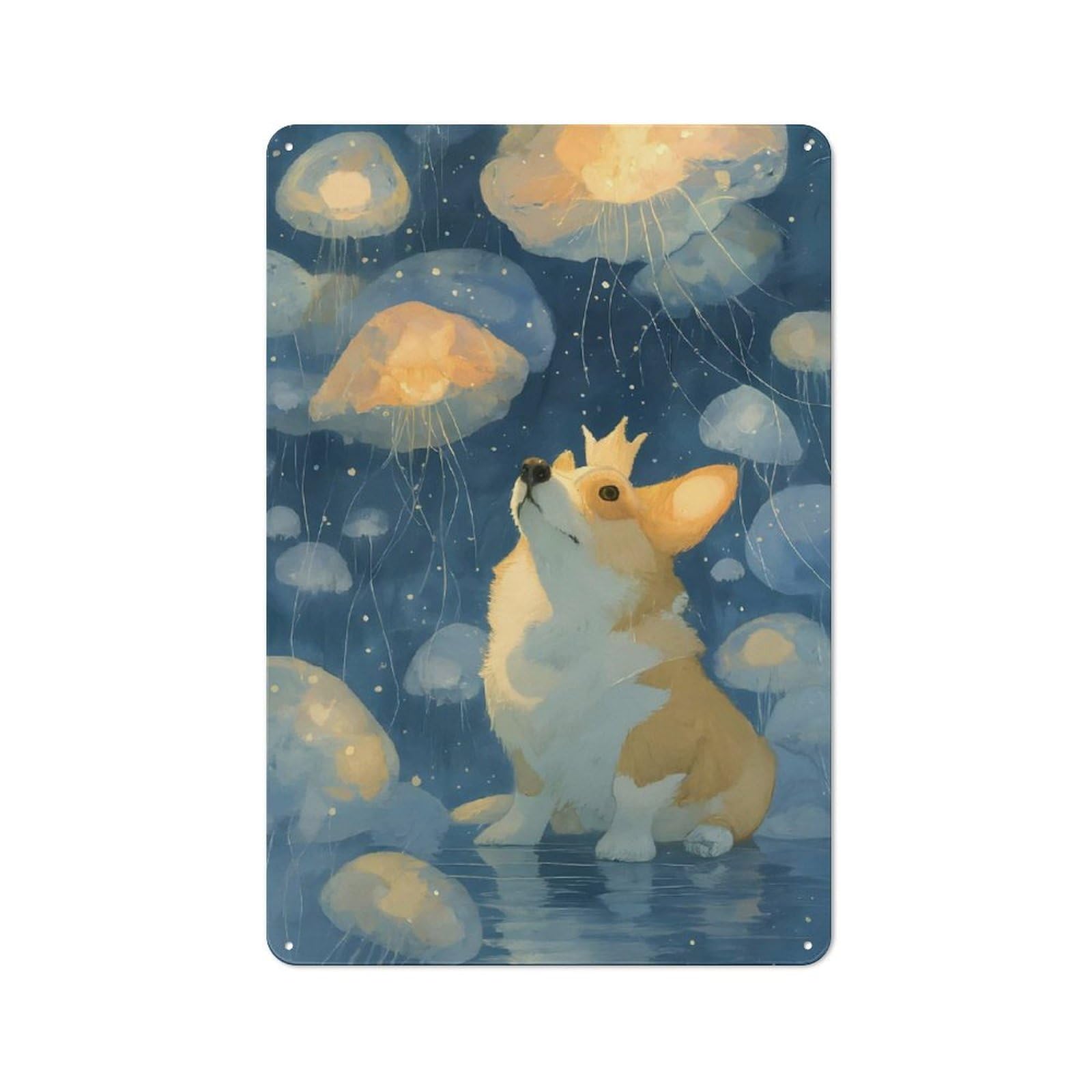 Junmoney Style-2 Vintage Metal Plaque 30X20cm Featuring Corgi With Crown And Jellyfish For Home Bar Wall, A Metal Wall Feature For Home Bars And Entertaining Spaces