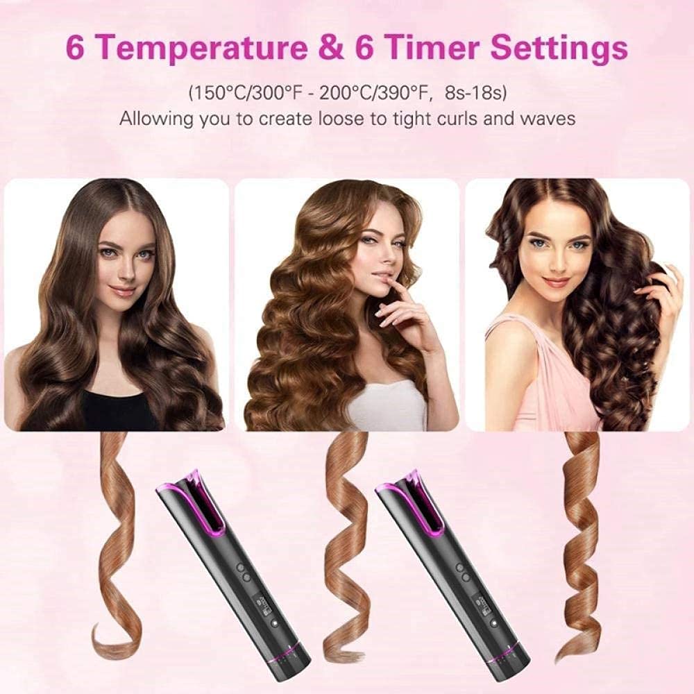 Cuervillo portátil para Cabello portátil Curling Automatic Hierro, Viaje de Carga USB Inteligente Curling Inalámbrico Pinzas LCD Curling Automático Hierro