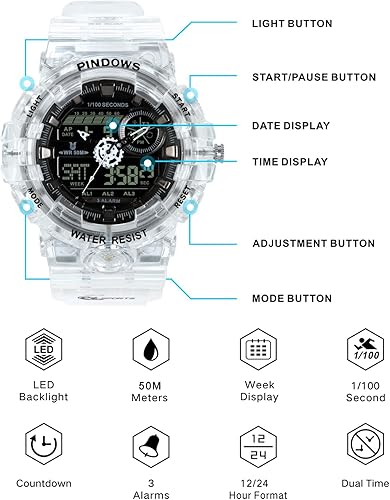 Miniatura 5 de Reloj deportivo digital para hombre, reloj digital militar impermeable para exteriores, pantalla LED de cara grande, doble dial y cronómetro, reloj