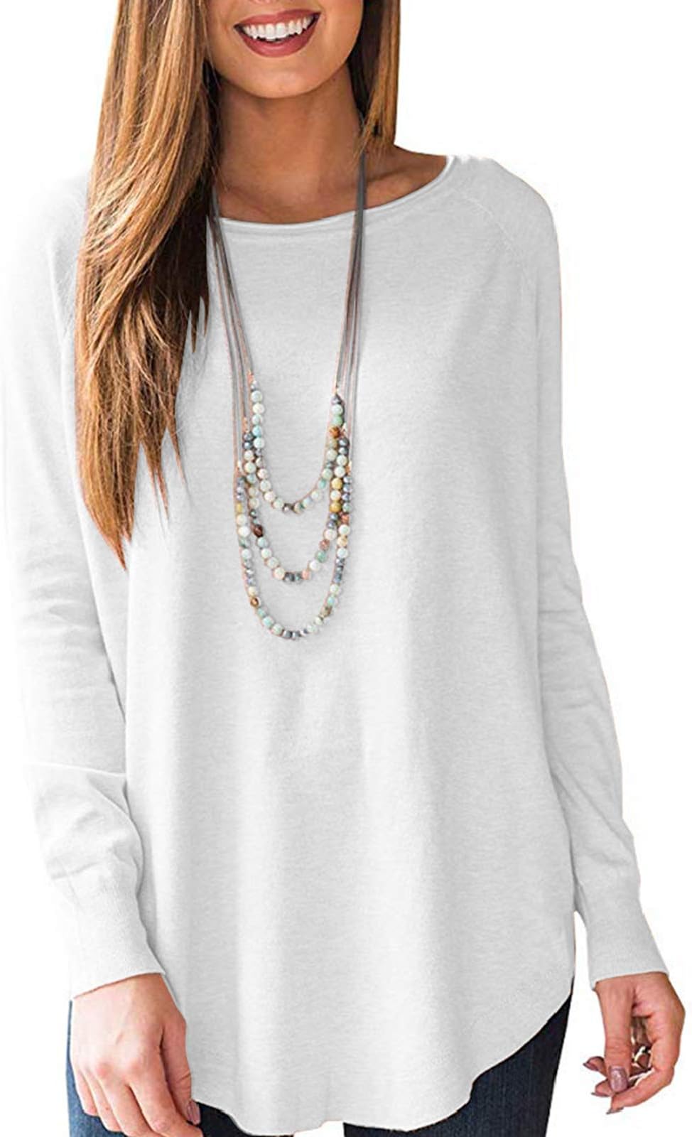 Uincloset Womens Long Sleeve Round Neck Tunic Casual Pullover Fall Tops C-white