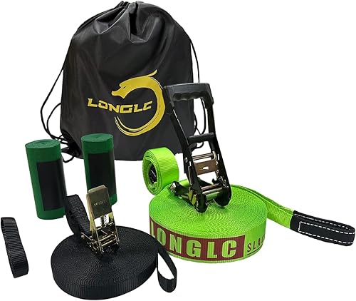 LONGLC Slackline Kit  Longer 57 ft Line with Training Line  Tree Protectors, Arm Trainervand Carry Bag  Tight Rope Slack Lines for Backyard