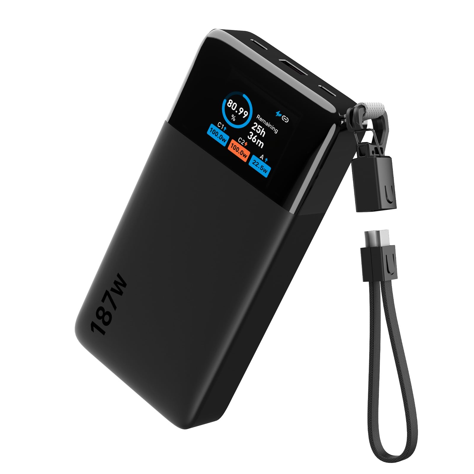 JUOVI Batería Externa Carga Rápida, 187W 25000mAh Power Bank para Laptop | 3 Puertos 187W Máx, 100W Batería Portátil con Pantalla TFT y USB-C Cable, Cargador Portátil para Ordenador Portátil iPhone