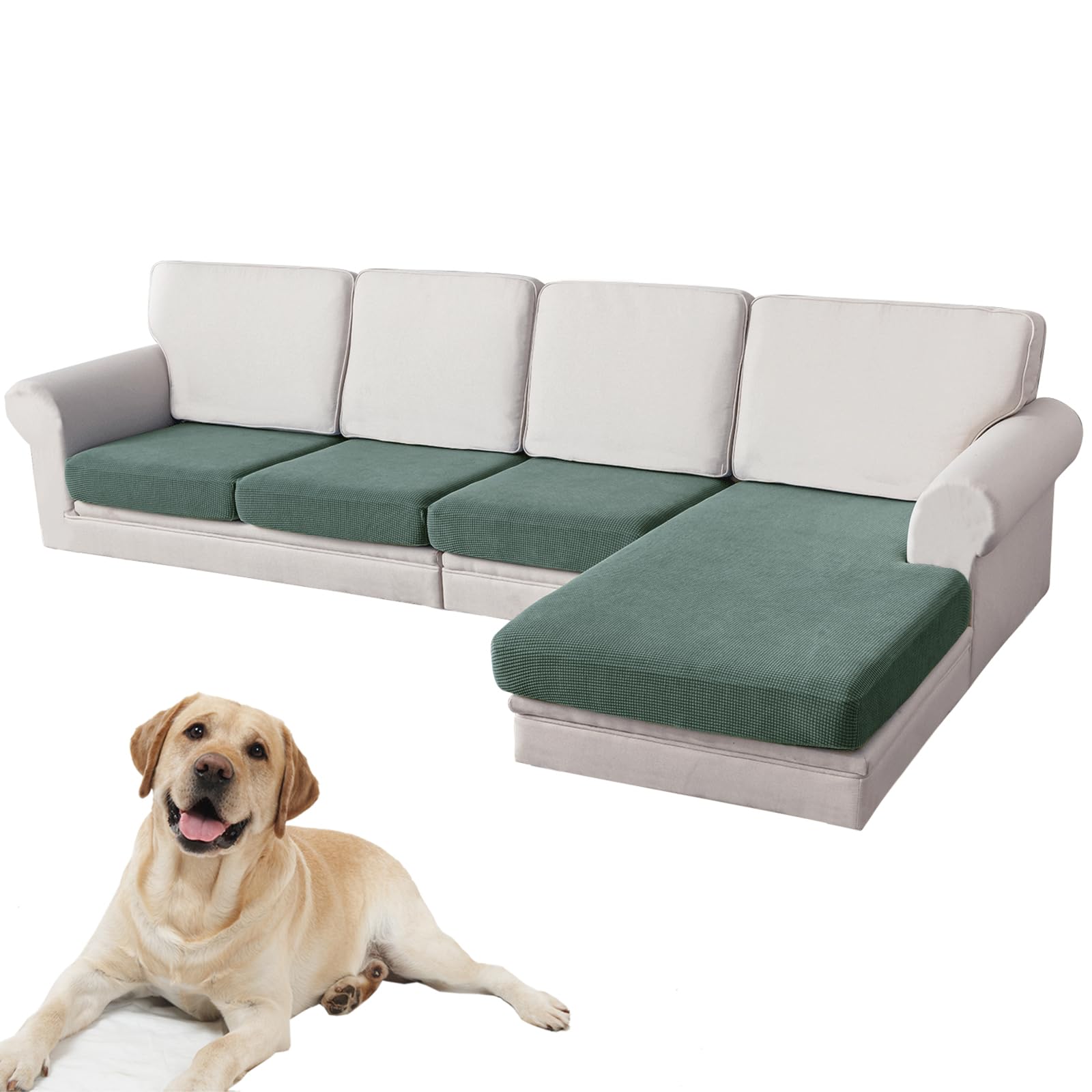 SYLC Set of Sofa Seat Cushion Cover Stretch, Sofa Cushion Cover Jacquard Couch Cushion Covers for Sectional Sofa L Shaped Non Slip Furniture Protector (Green,3 Seats+1 Chaise)