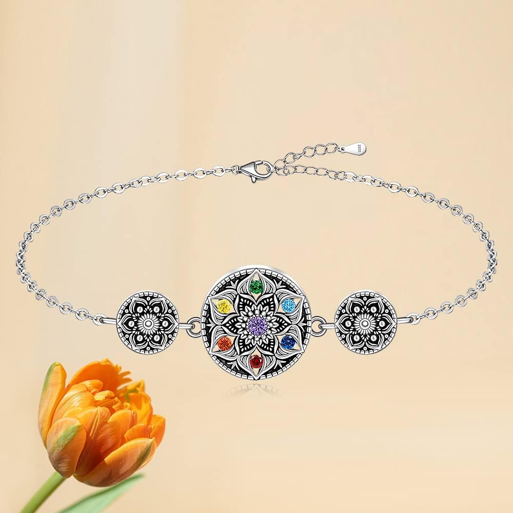 Fenthring Chakra Bracelets for Women Yoga Lotus Mandala 7 Chakra Bracelet Sterling Silver Protection Anxiety Balance Lotus Flower Meditation Gifts - Image 6