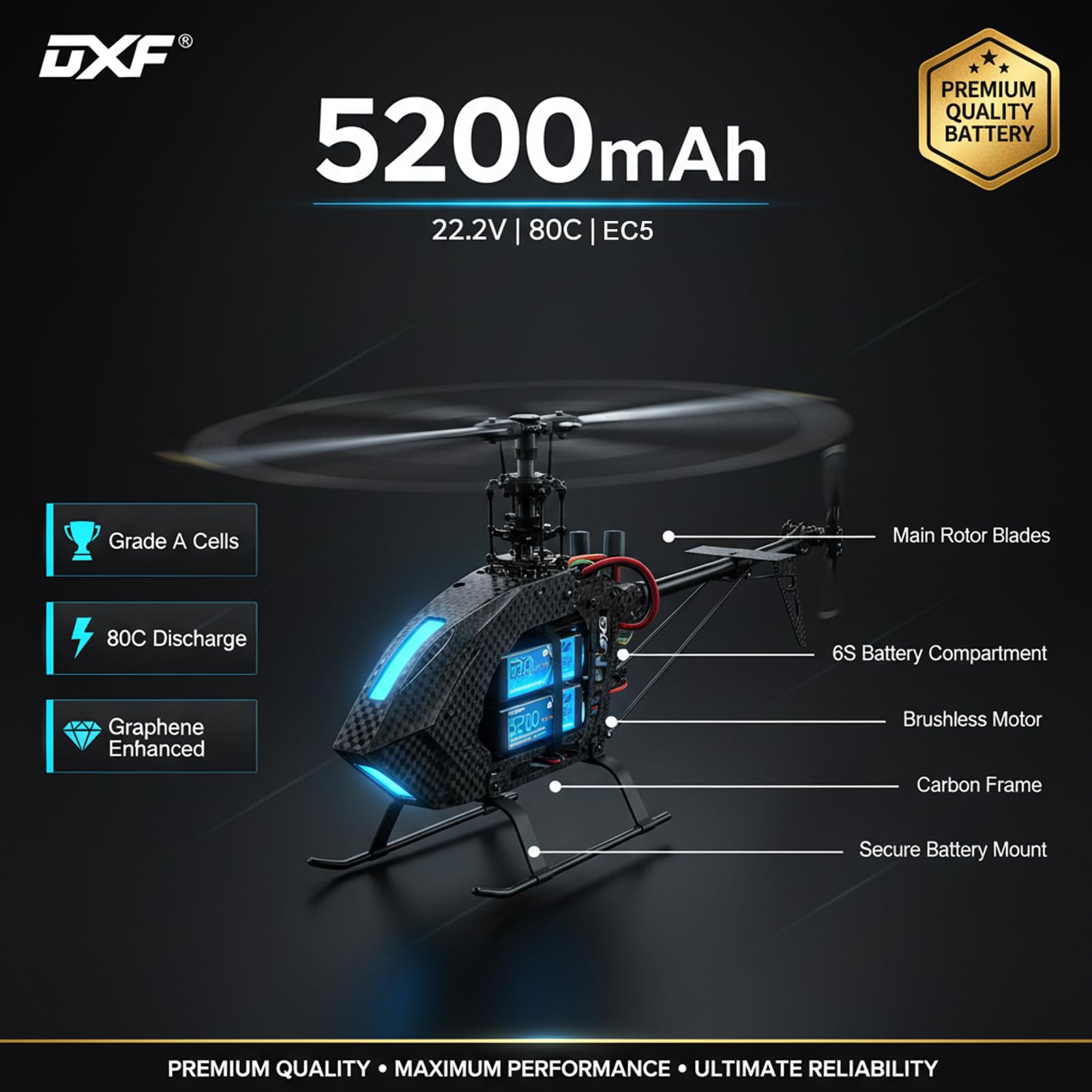 DXF 5200mAh 22.2V 6S 80C EC5 batería Recargable Pila Polímero de Litio Juguete Multicolor para Helicópteros y Aviones más Pequeños como Align GAUI KDS ElyQ Trex-550/600（2PCS）