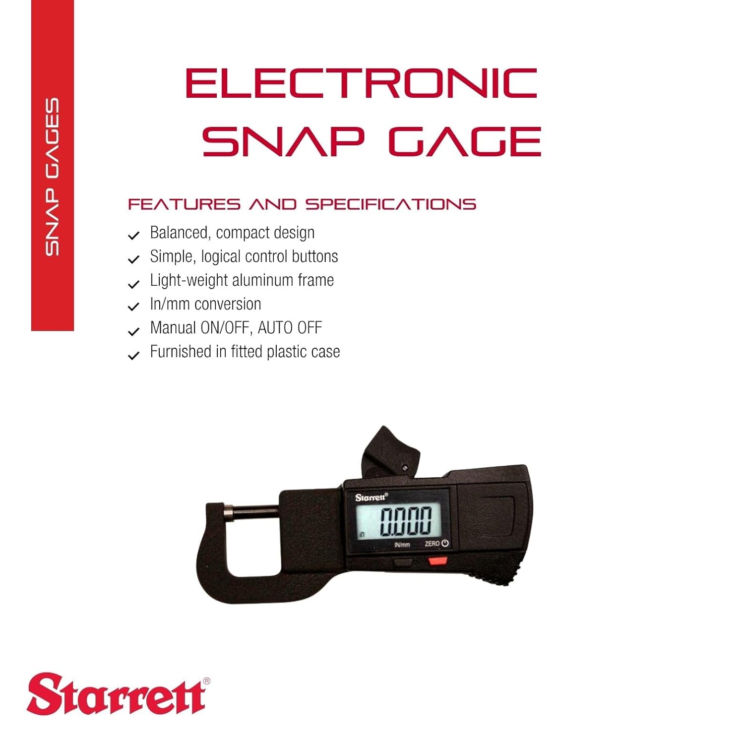 Starrett Electronic Snap Gauge with LCD Display - Ideal for Inspectors, Purchasing Agents and Sales People - 0-1/2" Range, Measure up to 1/2" Thick - 765A