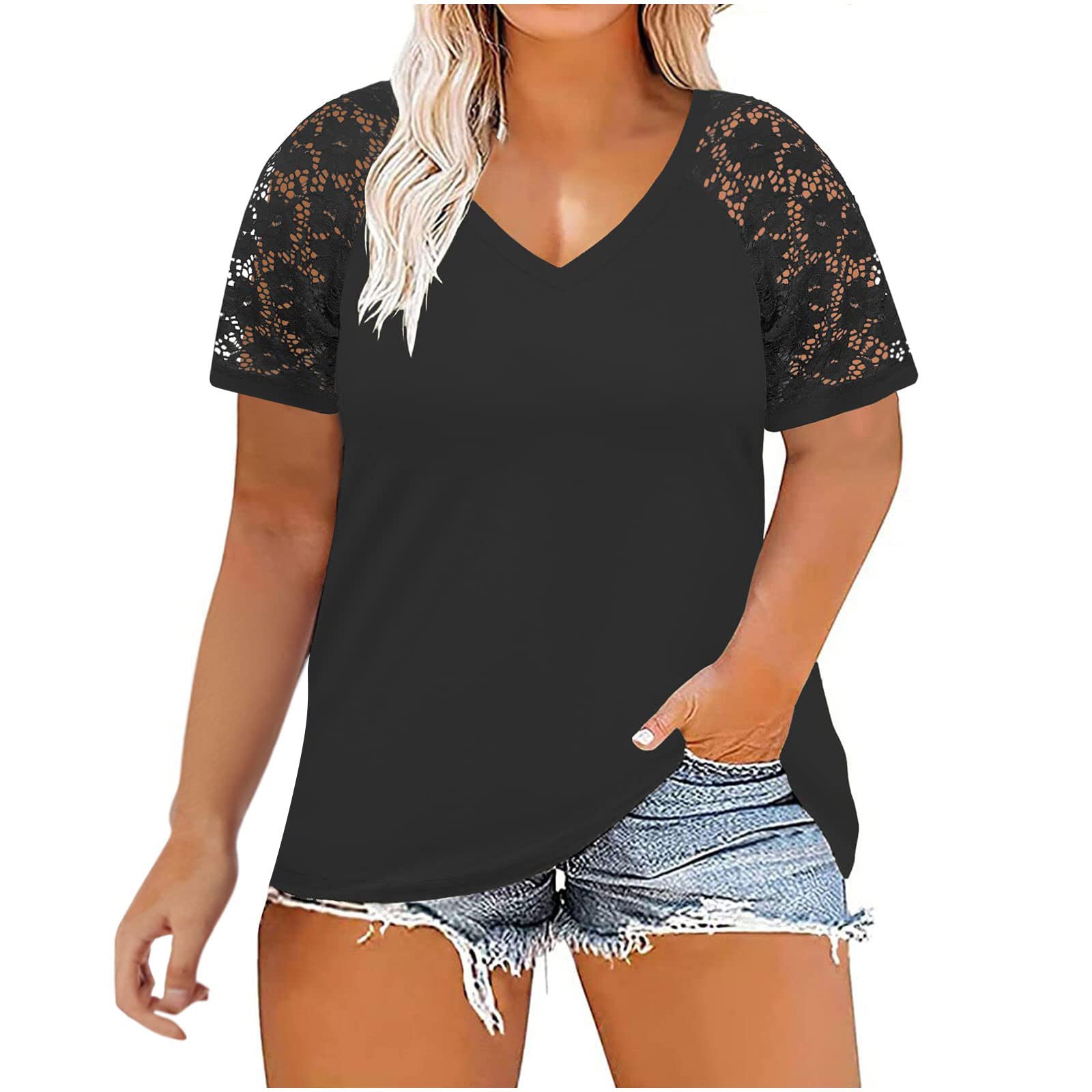 Plus Size Tops Short Sleeve Shirts V Neck Solid Color Loose fit Casual Lace Blouses