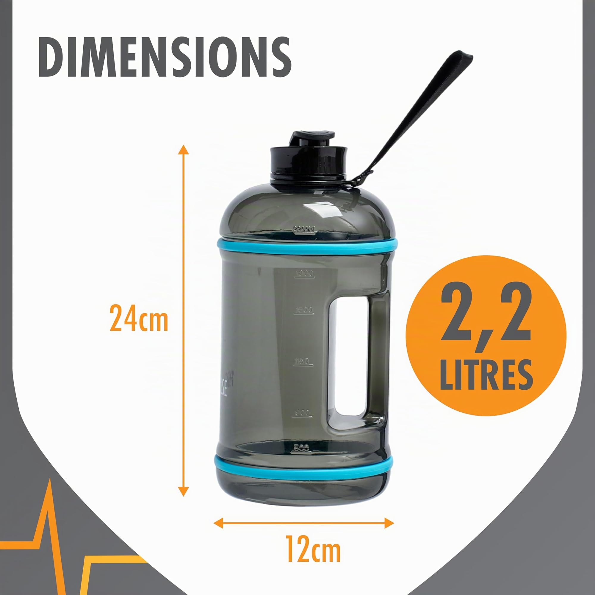 High Pulse Gourde XXL en Plastique - Bouteille d’Eau 2,2 L avec Bouchon Vissé, Bec Verseur et Sangle - Étanche pour Sport, Fitness, Randonnée, Musculation, Camping et Activités Extérieures