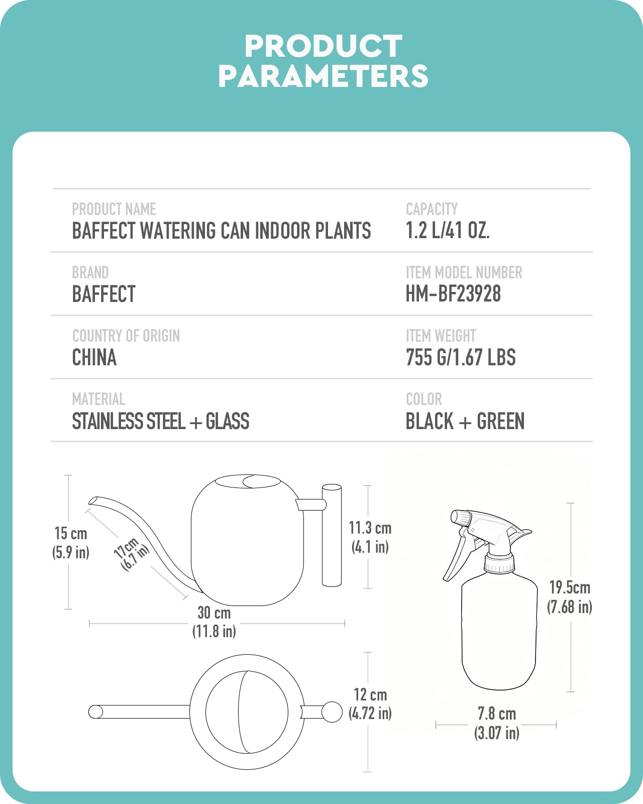 Baffect Ensemble d'arrosoir pour plantes d'intérieur comprenant un arrosoir en métal de 1,2 l à long bec et un flacon pulvérisateur en verre foncé de 382,7 g, un flacon pulvérisateur d'eau avec buse