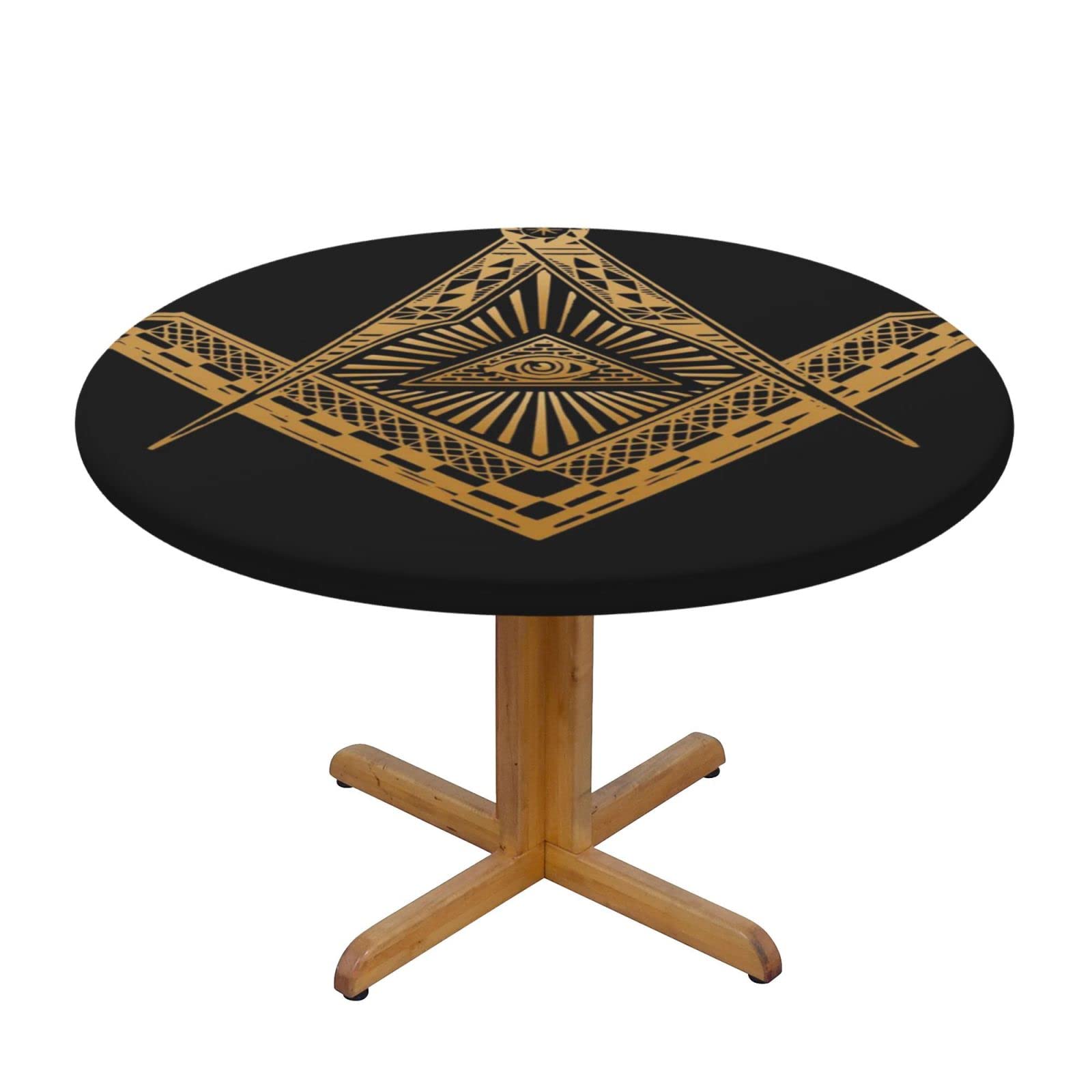 Lsjuee Round Fitted Tablecloth 40-44in Elastic Edged Table Cloth for Kitchen Dining Party Home Decor - All Seeing Eye Golden Black
