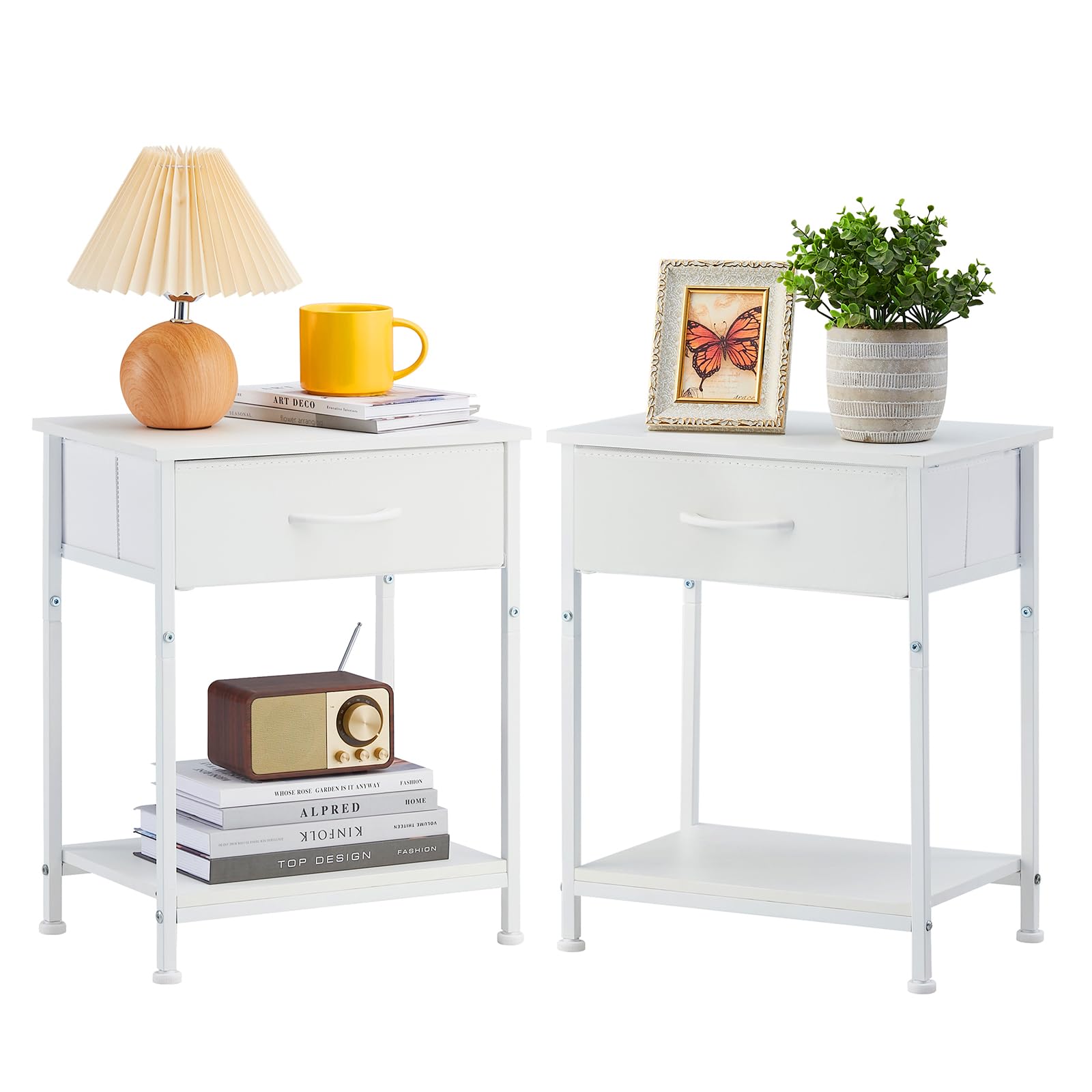 Somdot Nightstands Set of 2, Bedside Table End Table for Bedroom Nursery Living Room - Removable Fabric Drawer, Open Storage Shelf, Sturdy Steel Frame, Durable Wood Top - White Leather