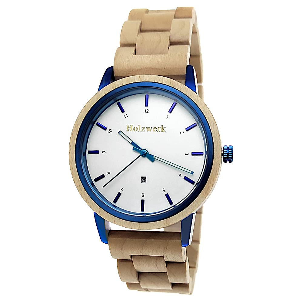 Ręcznie wykonany drewniany mechanizm Germany® Designer Unisex zegarek damski Eko Naturalny Drewno Zegarek na rękę Analogowy Klasyczny Zegarek kwarcowy Brązowy Klon Niebieski Biały