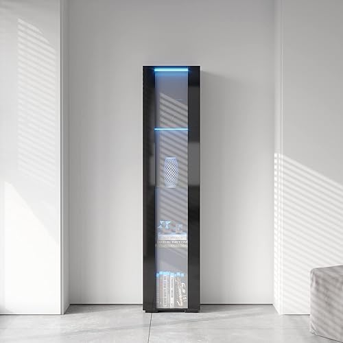 Holaki Aparador LED Credenza de 67 pulgadas de alto con estantes de vidrio de 3 niveles gabinete de exhibición lateral frontal de alto brillo