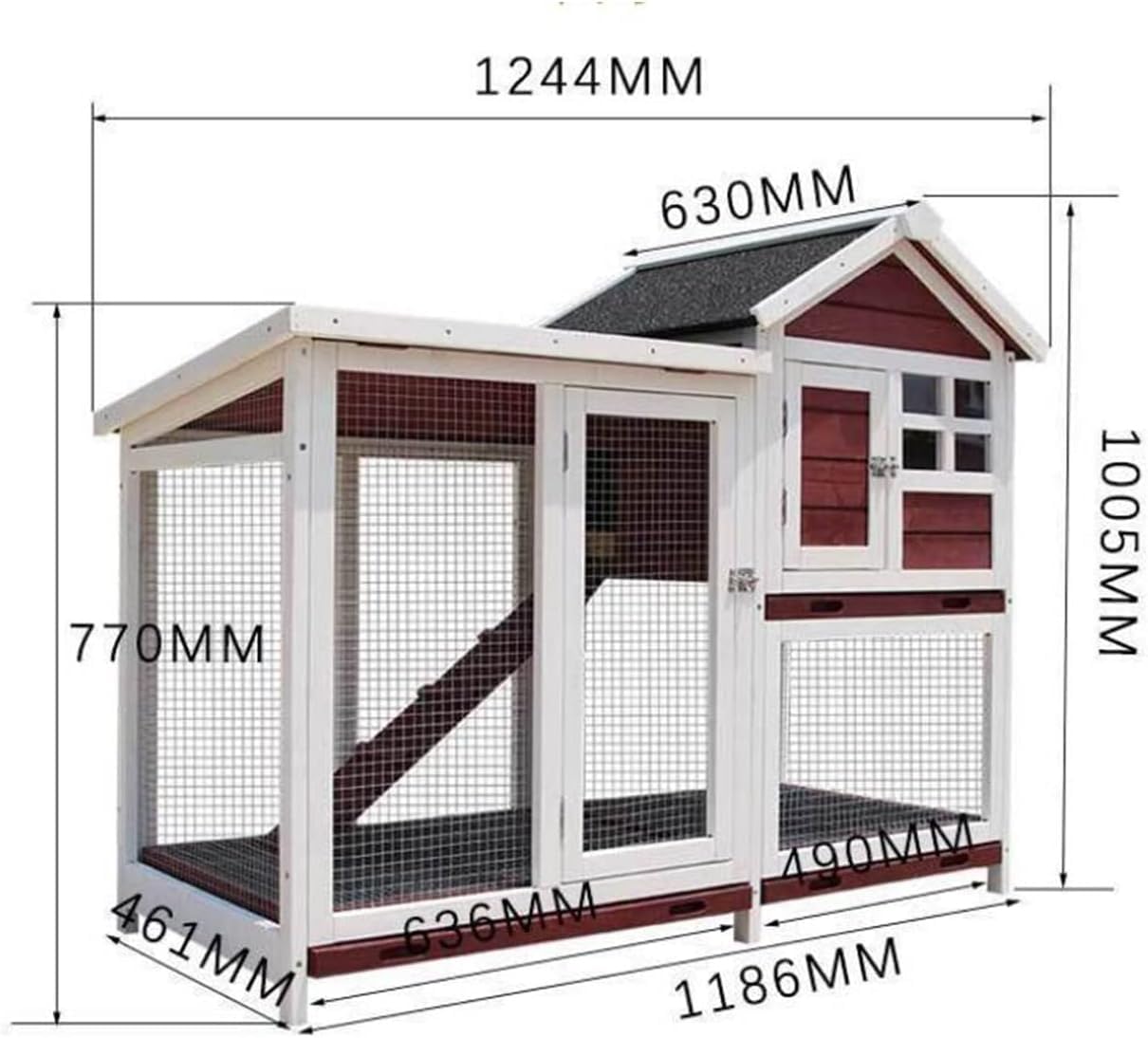 Kattenhuis van twee verdiepingen, huisdiervilla met uittrekbaar dienblad, binnen- en buitenkooi voor hond/kat/konijn/kip, dierenhok