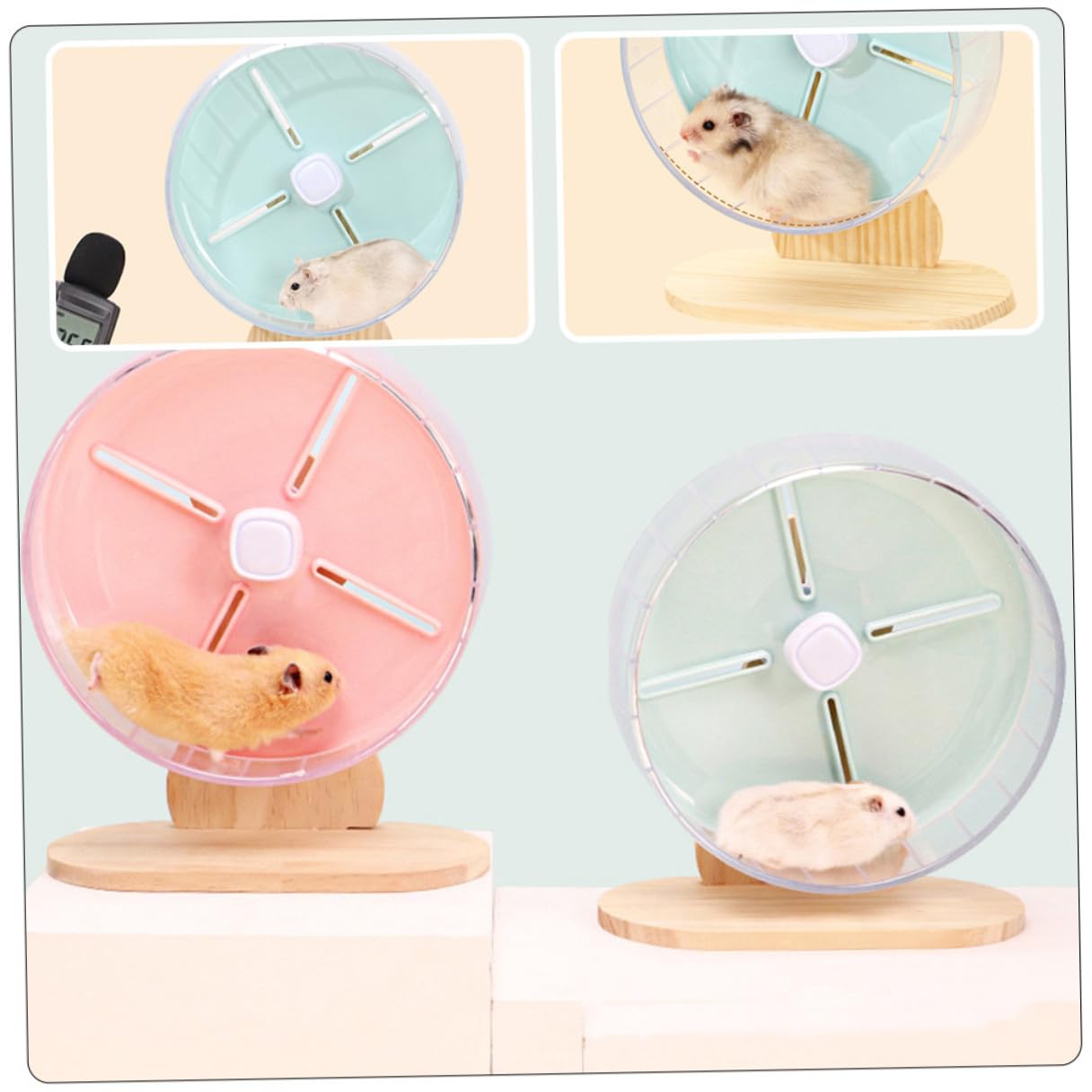 Rueda Silenciosa para Hámster con Soporte Estable Juguete para Ejercicio de Pequeños Roedores como Erizos y Chinchillas Azul con Base de Madera para Jaulas