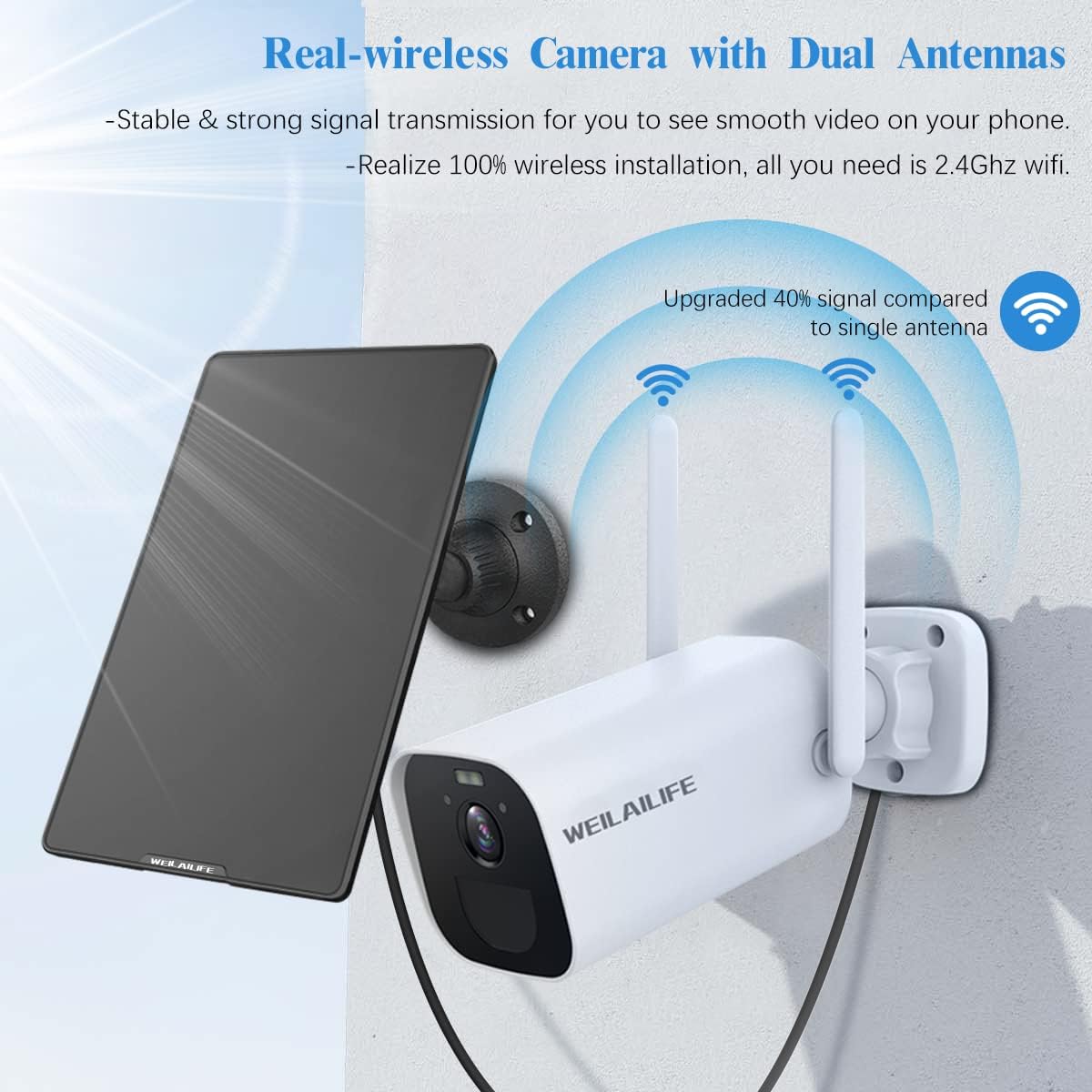 WEILAILIFE camera with dual antennas, showing improved Wi-Fi signal