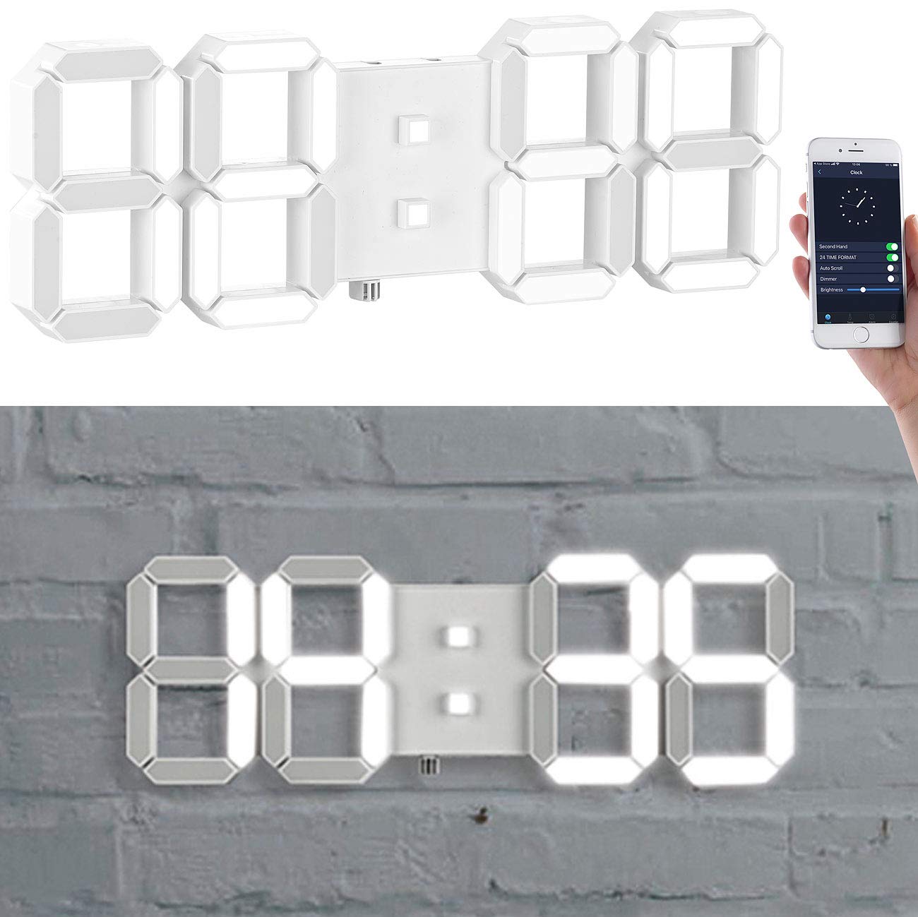 Lunartec Zegar LED stołowy i ścienny XL 37 cm, z funkcją ściemniania, temperaturą, budzikiem i aplikacją