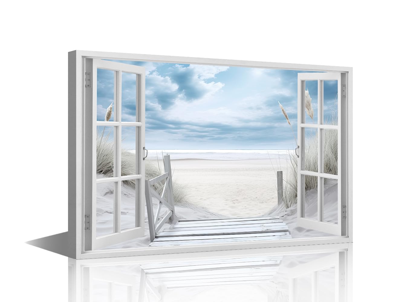 TISHIRON 1 Pieces Modern Home Decor Beach Scene 3D Window View Canvas Wall Art for Bedroom, Coast Posters and Prints, Ocean Painting Picture Office Wall Decor Framed Ready to Hang(36x24in)