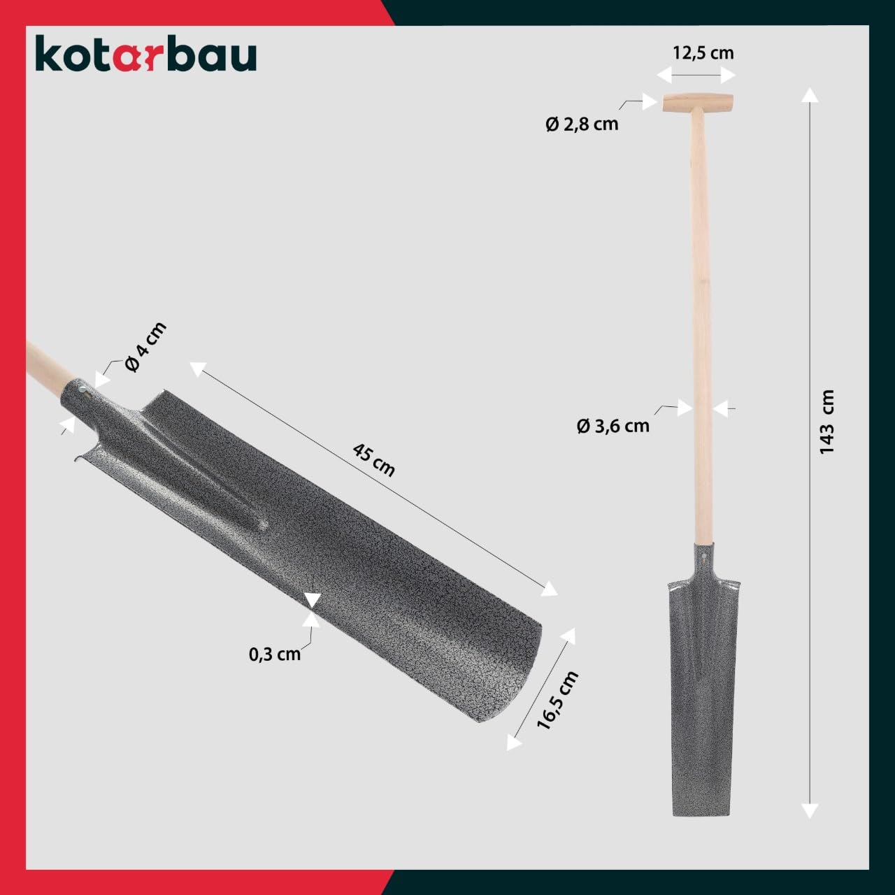 KOTARBAU® Palote rectangular de acero al carbono, 510 x 115 mm, Palote con mango muleta, Pala rectangular con mango de madera, Pala de jardinería, Pala de hoja larga y estrecha, Pala de drenaje, zanja