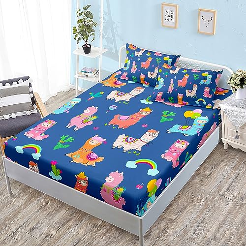 HOSIMA Kids Cute Llama Fitted Sheet,Cartoon Rainbow Alpaca Twin Fitted Sheet Animal Bedding Sets for Children Room Decor,Navy Blue Fitted Sheet 15