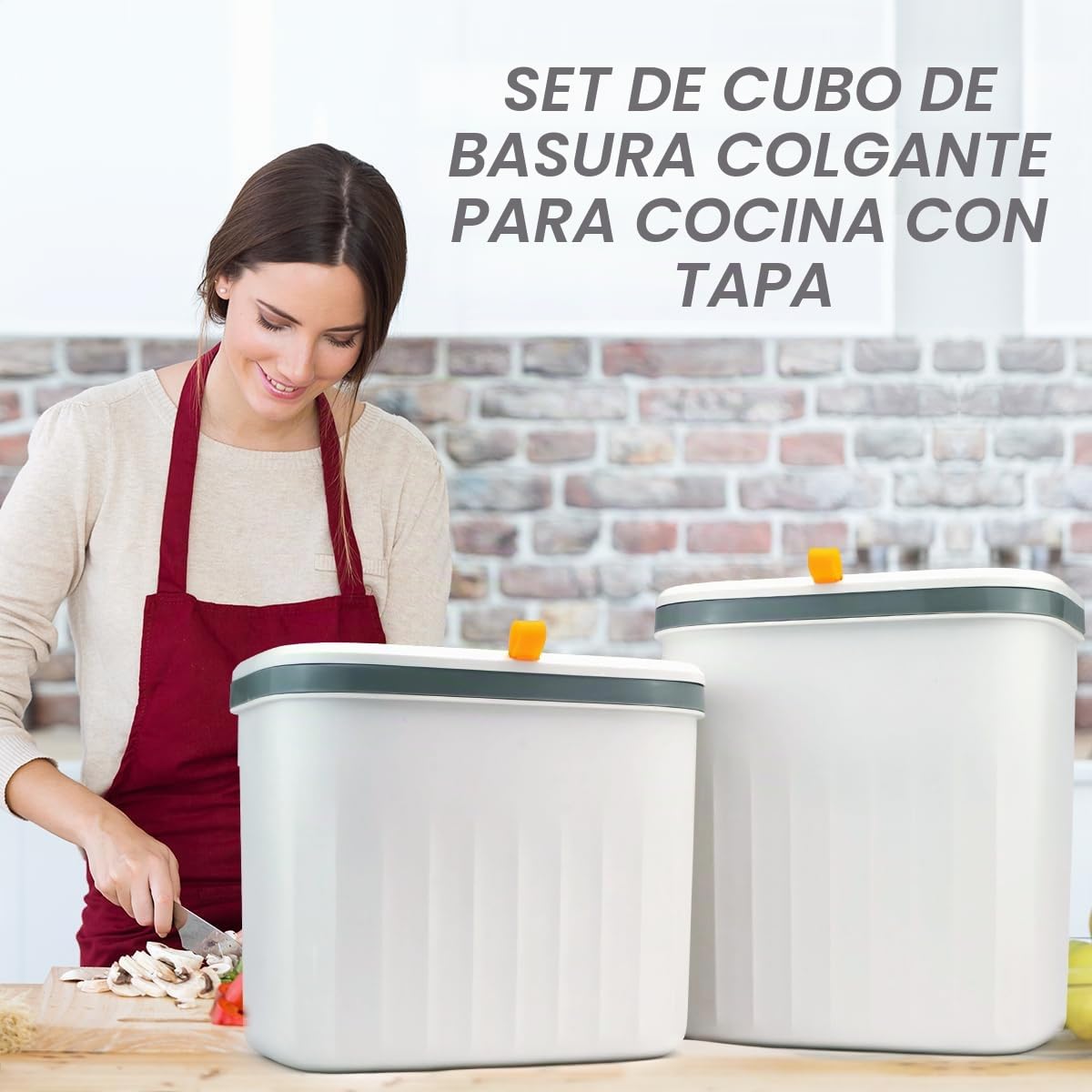 JUVEL Juego de papeleras colgantes para la cocina con tapa, 10L+8L papeleras de compost para la encimera o debajo del fregadero, papelera de plástico montada en la pared para baño/autocaravana