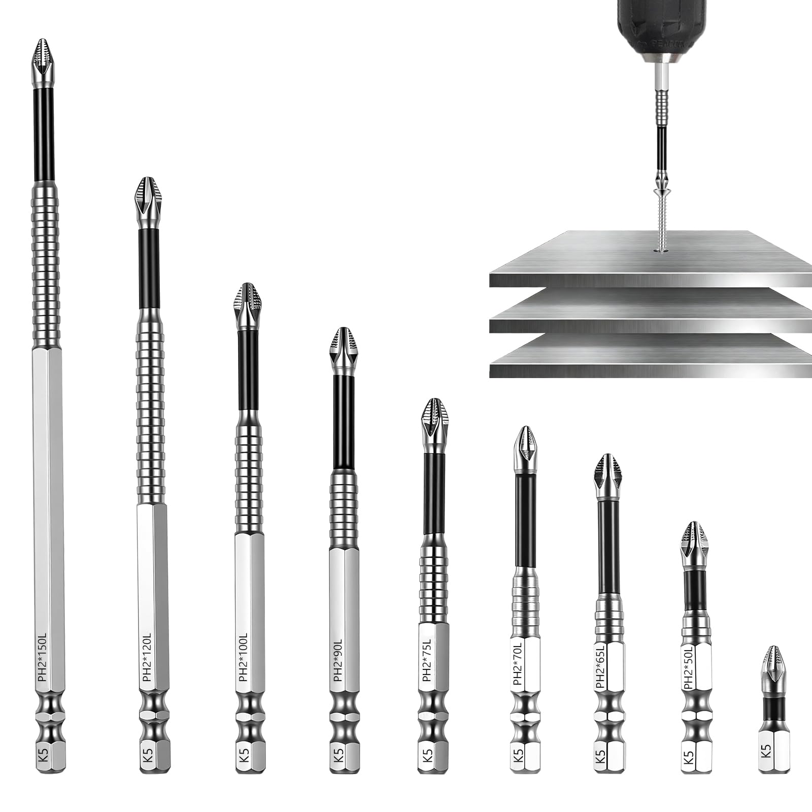 9 Pcs High-Magnetic Anti Slip Screwdriver Bits, Magnetic Precision Screwdriver Bit Sets, Impact Drill Bits for Electric Drill and Driver Tools(25/50/65/70/75/90/100/120/150 mm)