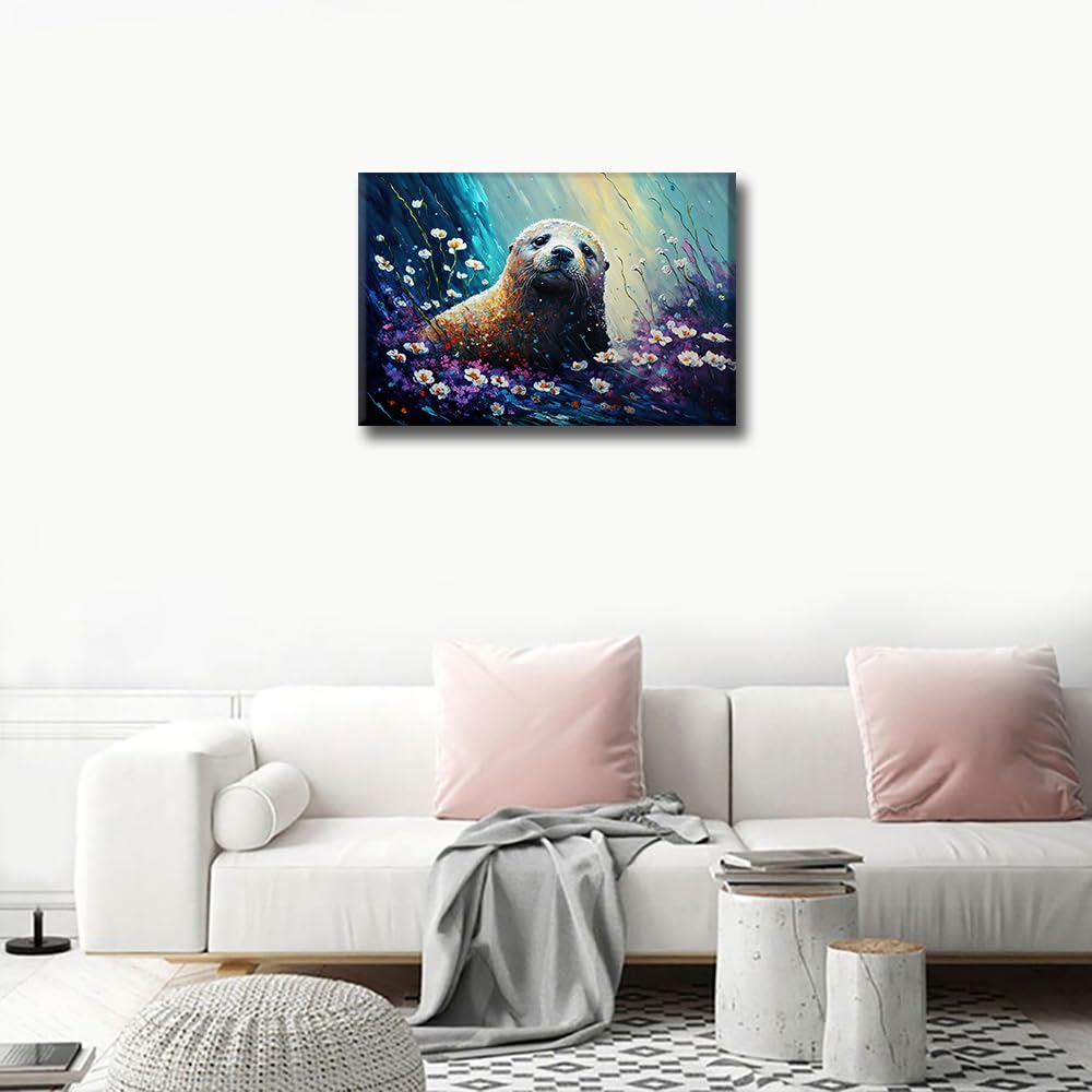 TISHIRON Canvas Wall Art Cute Little Seal Cub Prints Animal Smile Face Painting for Home Office Children Room Wall Decoration Stretched Ready to Hang 18 x12Inch - Image 3