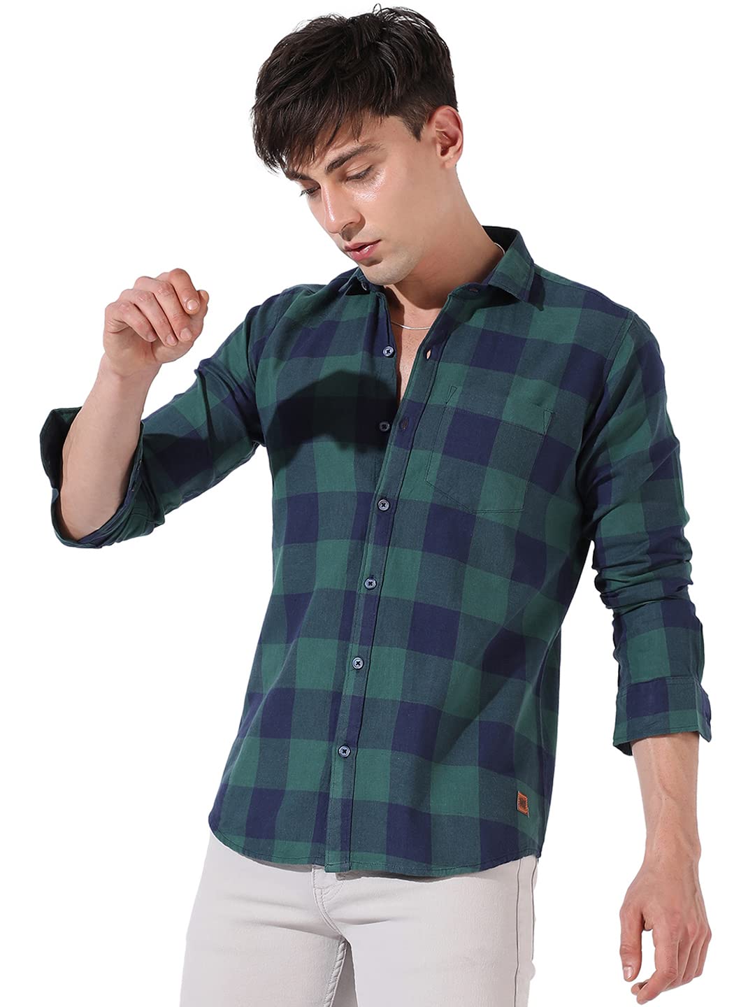 Campus Sutra Men's Green Checkered Button Up Collared Shirt for Casual Wear | Shirt Crafted with Regular Sleeve, Comfort Fit & High-Performance for Everyday Wear in green