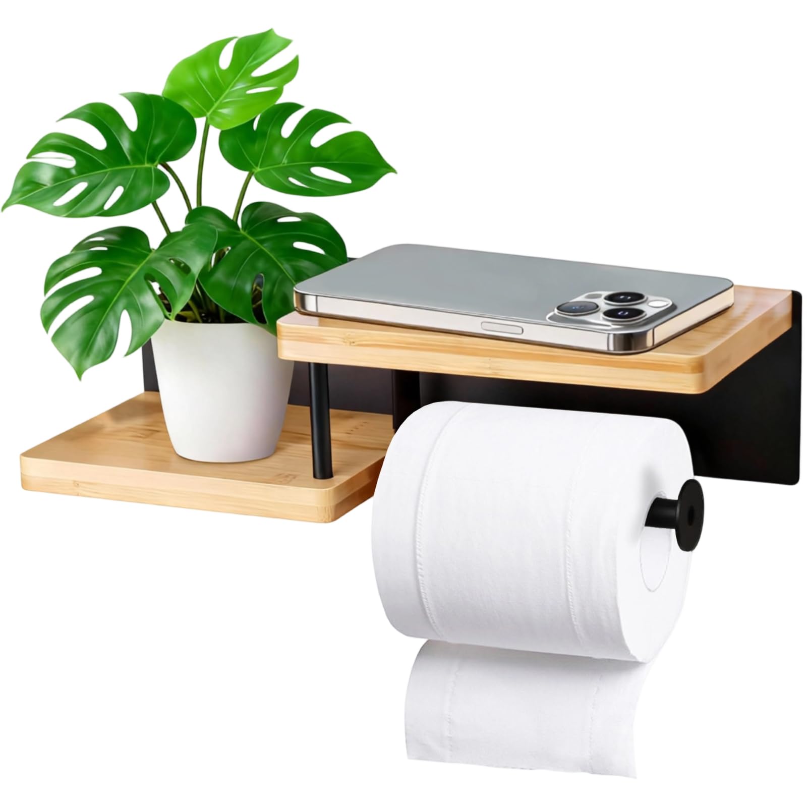 Toilettenpapierhalter mit Ablage, Klorollenhalter Toilettenpapierhalter Holz Klopapierhalter Schwarz Enthält Alle Installationstools für Küche und Badzimmer
