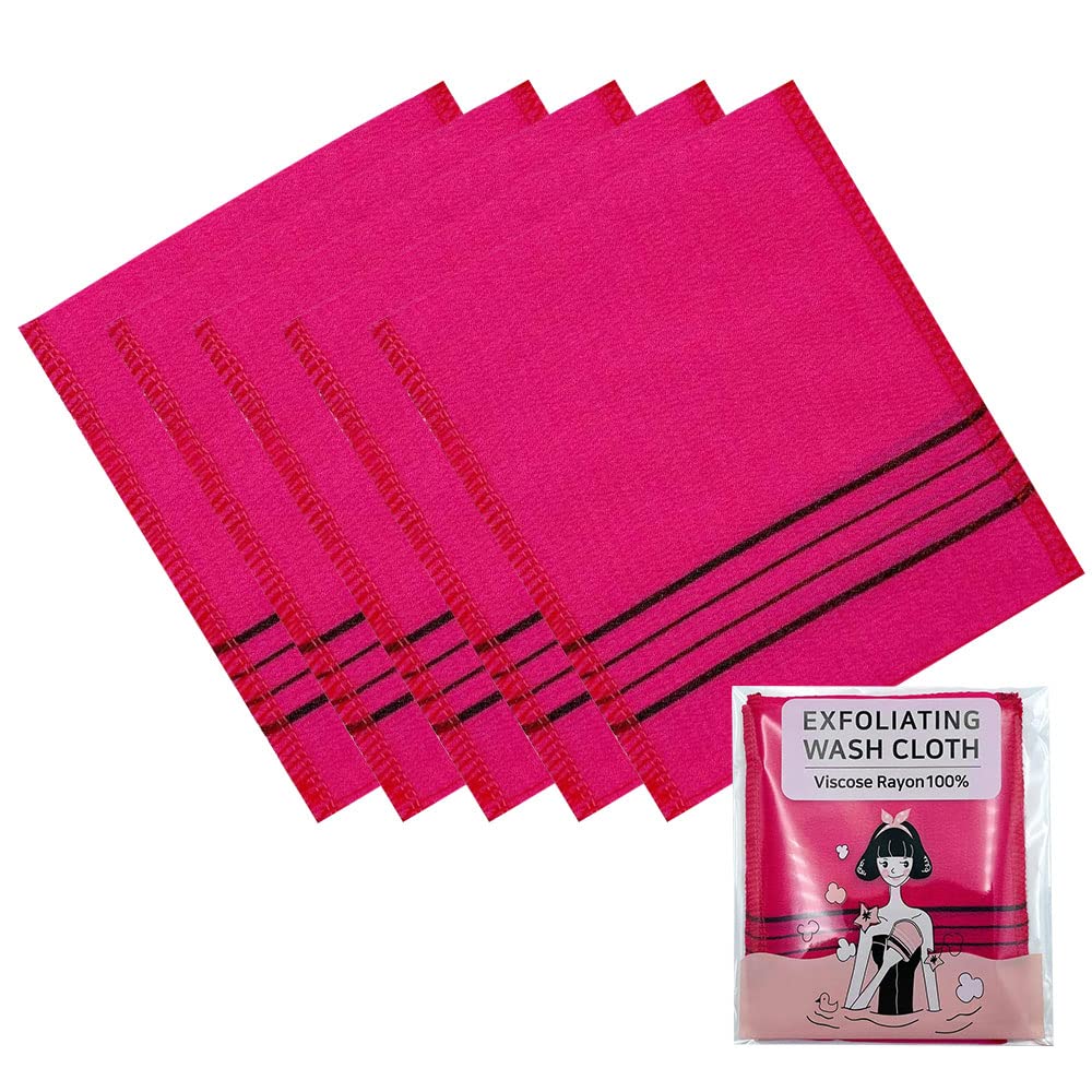 Exfoliating Bath Washcloth Red 5pcs, Korean Asian Exfoliating Mitt, Shower Glove, Removing Dry Dead Skin Cells, Cleaning Pores, Reusable, K-Beauty Body Care Item