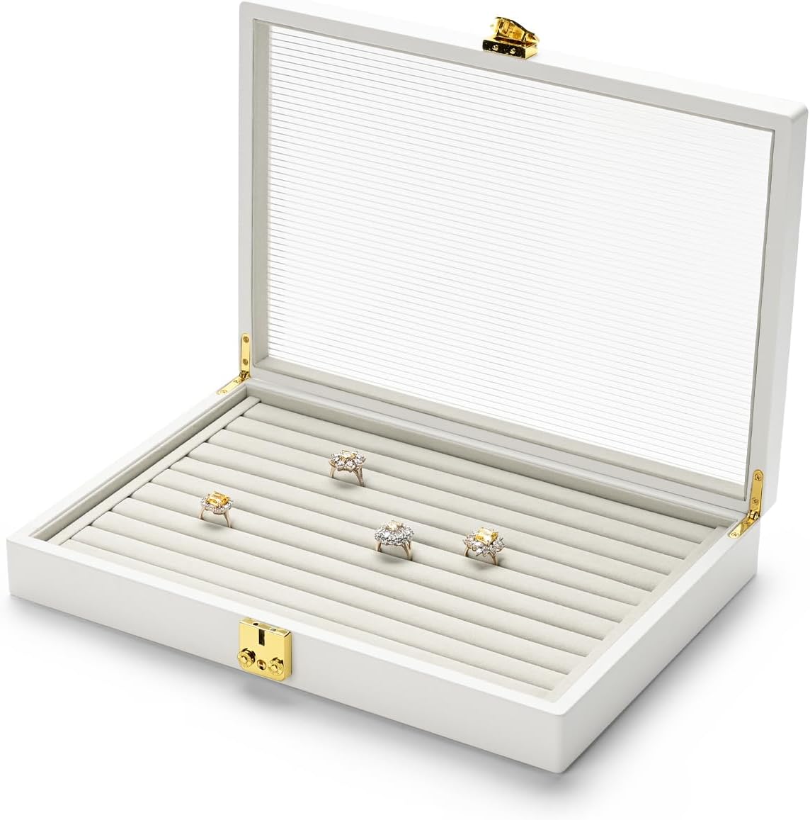 Oirlv White Premium Leather Jewelry Organizer Tray with Clear Lid Lockable Jewelry Box Ring Holder Box for Women (Creamy-white Interior) Ring Slot