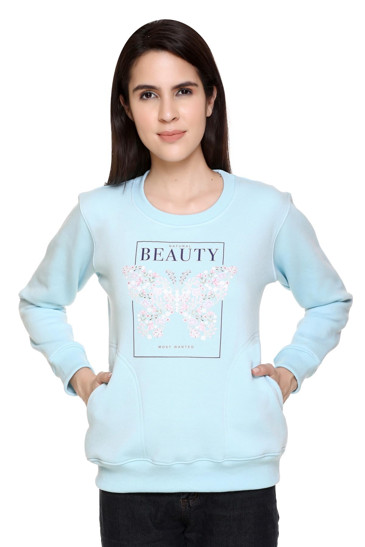 hold Natural Beauty Most Wanted Women's Sweatshirt, Light Blue Blend, Floral Print Graphic Design, Long Sleeve Casual Pullover-picture-9