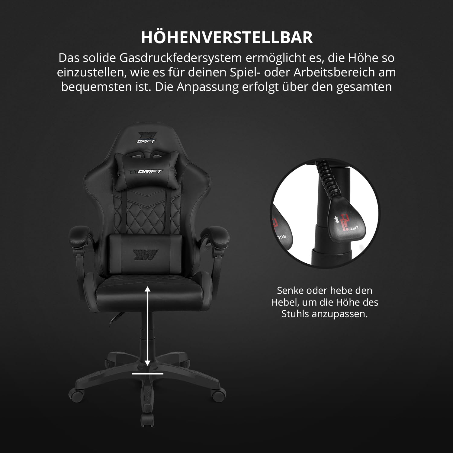 DRIFT GAMING DR35 –Professioneller Stuhl, Kunstleder, gepolsterte Armlehnen, Kolben der Klasse 3, verstärkte Nylonbasis, neigbarer Sitz, höhenverstellbar, Lenden-/Halswirbelsäulenkissen, Schwarz