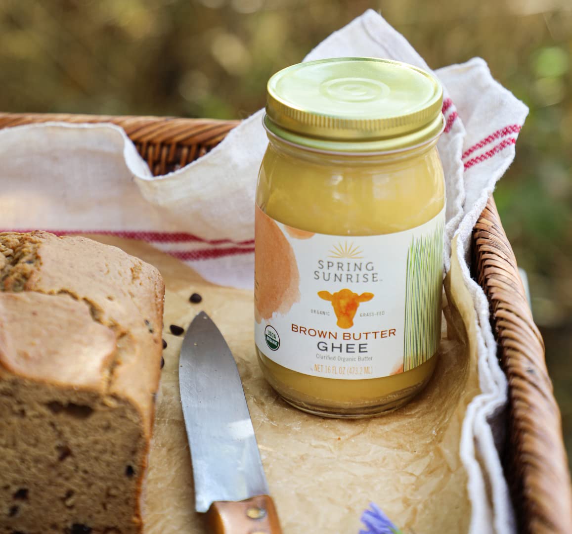 Spring Sunrise Organic Brown Ghee - Grass Fed Clarified Butter - Keto & Paleo Friendly, Lactose & Gluten Free Cooking Oil with High Smoke Point - 16 oz Jar