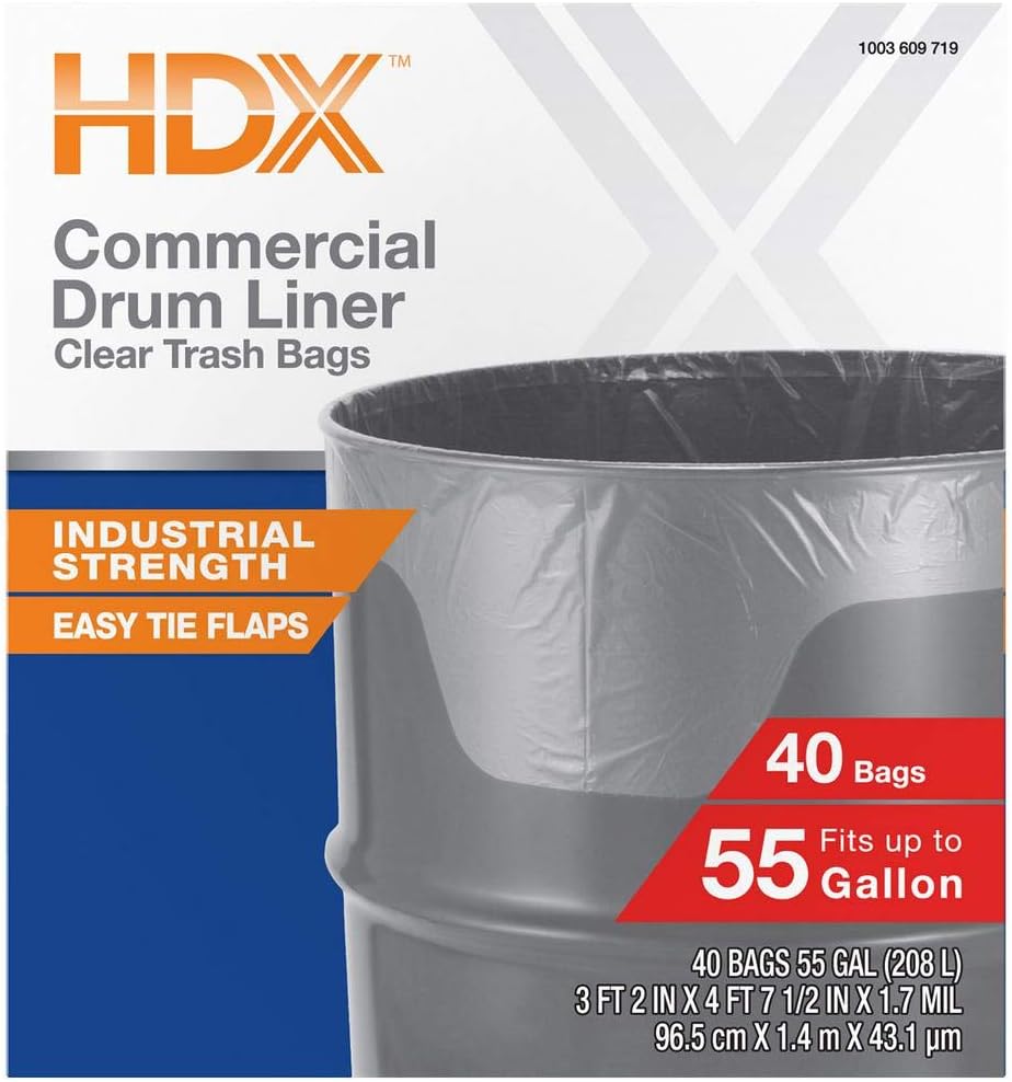 HDX 55 Gallon Clear Heavy-Duty Flap Tie Drum Liner Trash Bags (40-Count) : Industrial & Scientific