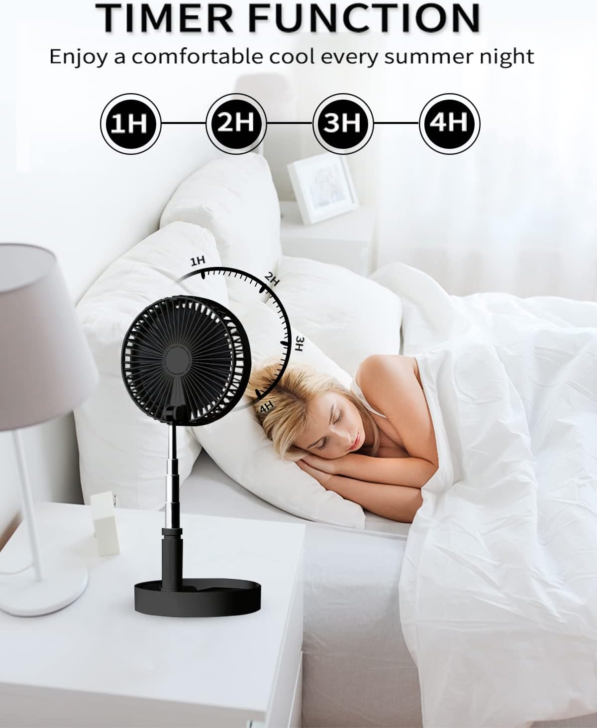 UN UNITEDTIME Portable fan, My Foldaway Travel fan with remote Control Timer, Battery Operated or USB Powered,Adjustable Height Foldable, 4 Speed Settings (Black)