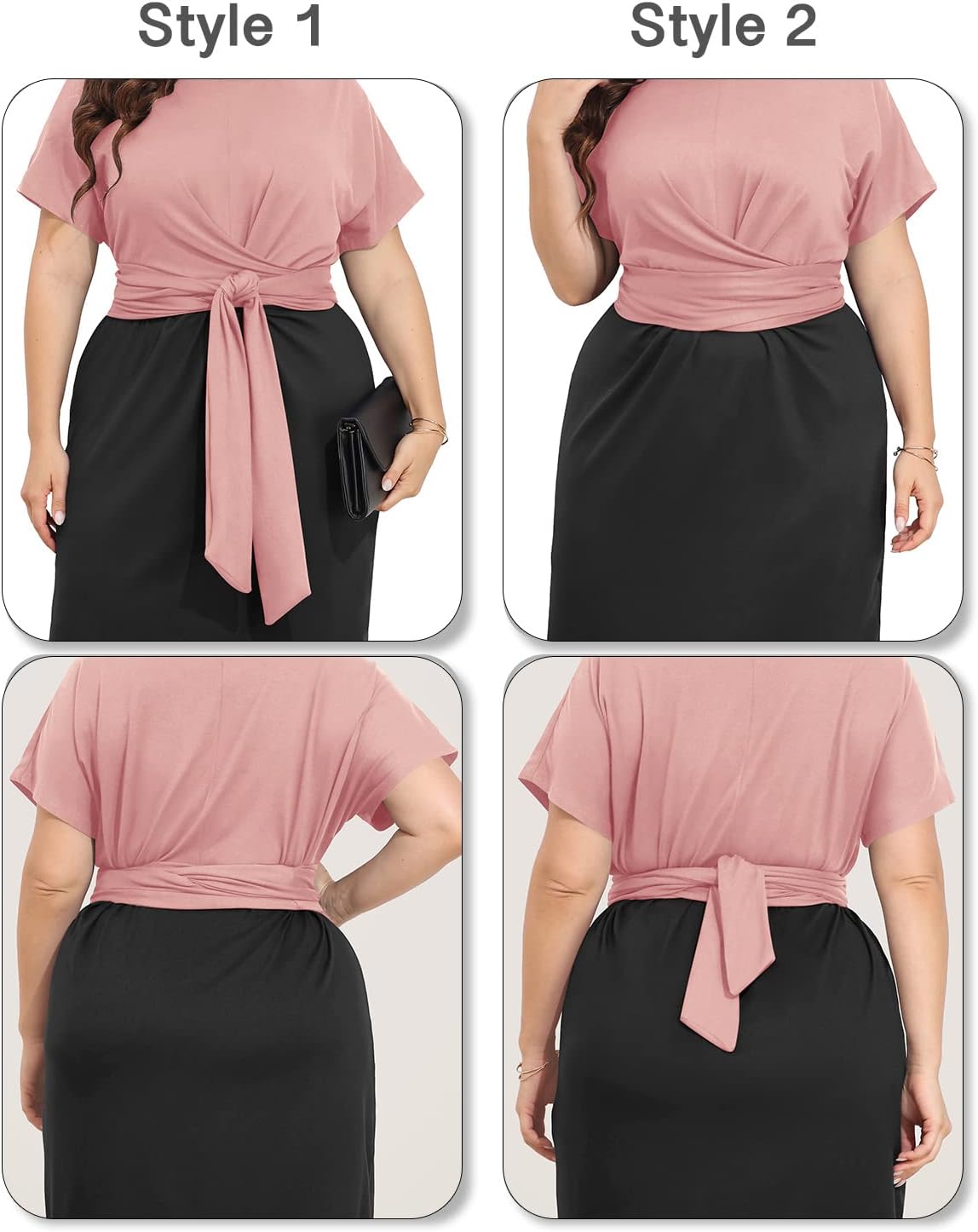 Pinup Fashion Plus Size Dresses for Women Wedding Guest Short Sleeve Tie Front Waist Belted Pencil Work Knee Dress - Image 6