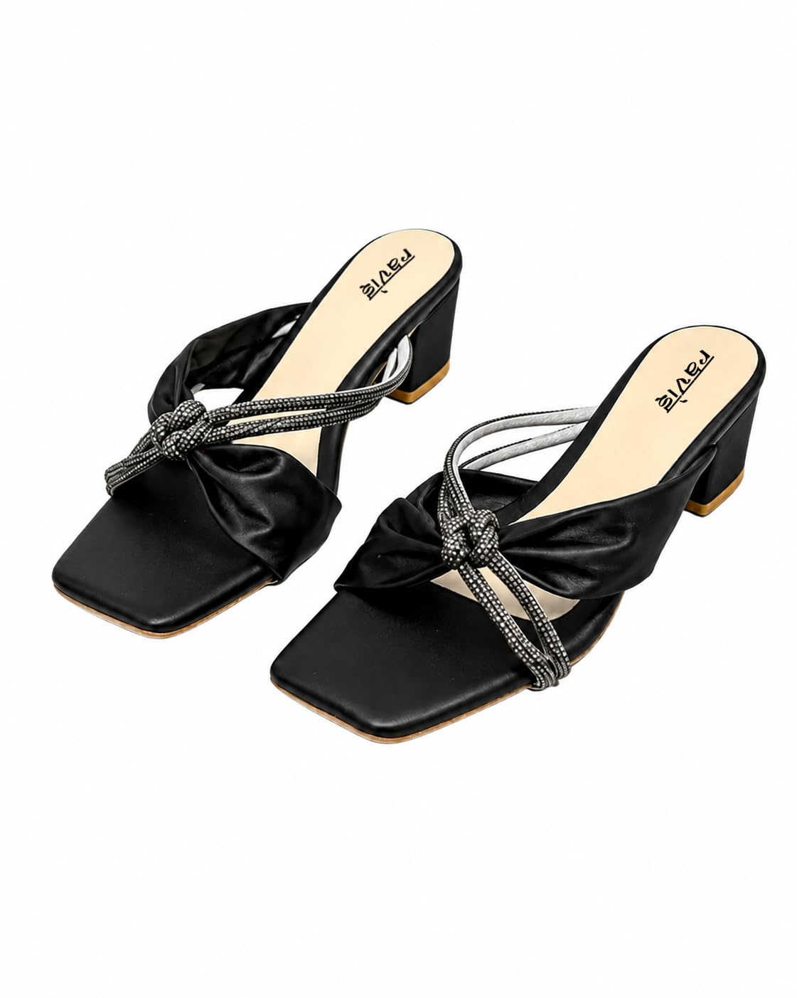 ravis Women’s Embellished Knotted Strap Square Toe Block Heel Slip-On Sandals-picture-18