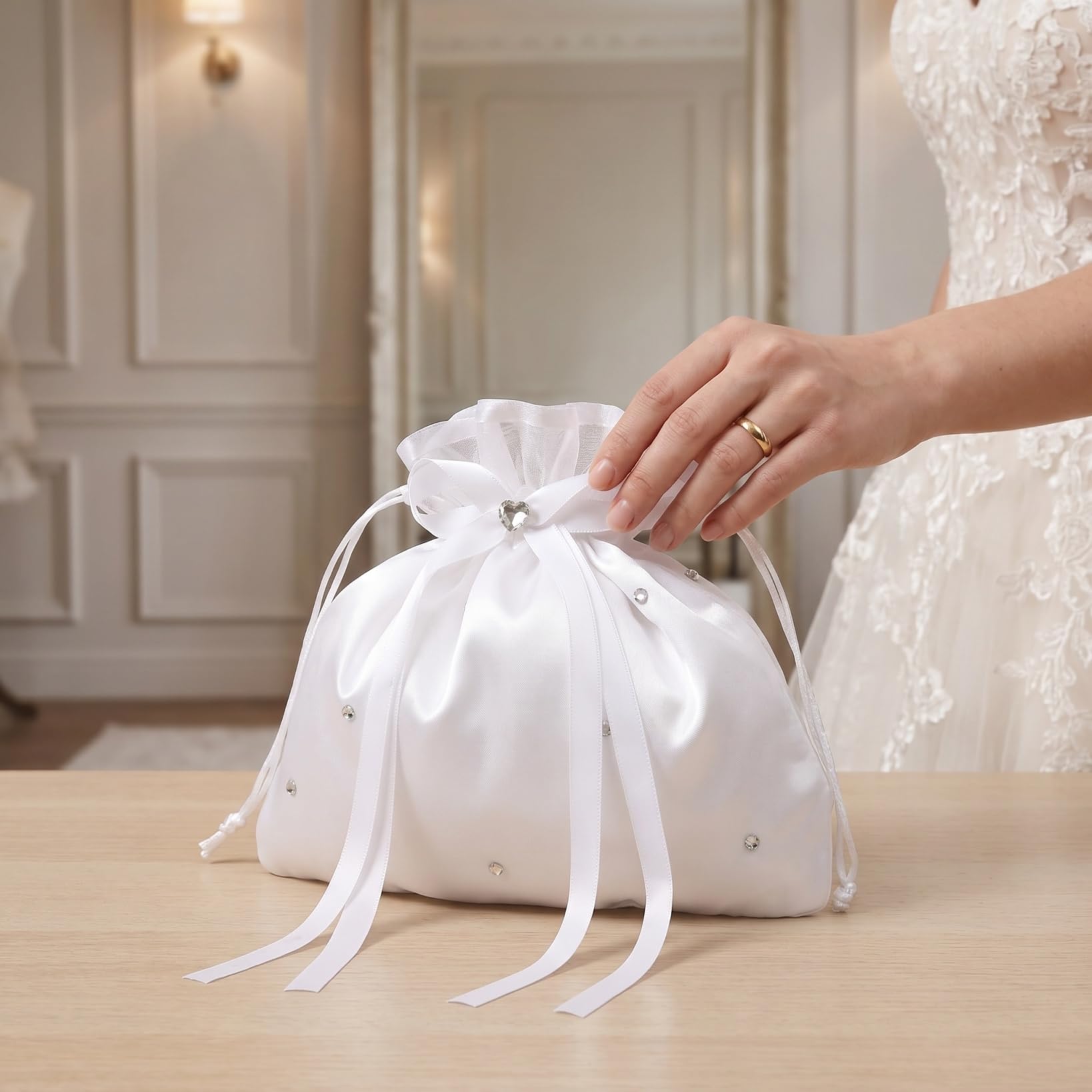 Veemoon Weiß Satin Brautbeutel, Braut Hochzeit Handtasche Brautbeutel Blumenmädchen Dolly Tasche Drawschnellzug Clutch Bag für Hochzeit Bankett Tanz Brautjungfern Accessoires 8,45X7,66X0,04 in