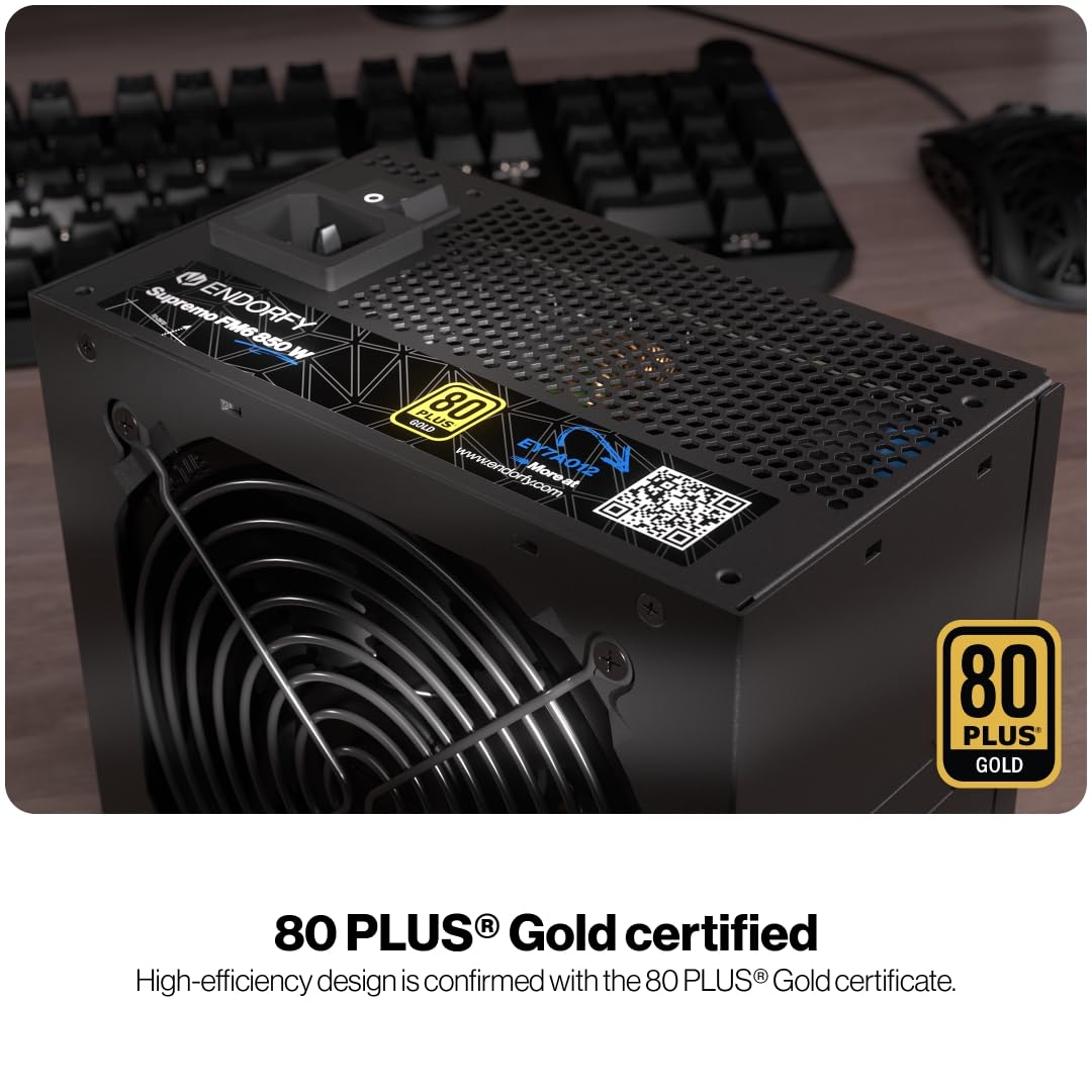 ENDORFY Supremo FM6 Gold 850W, Fuente de alimentación para PC ATX 3.1, certificación 80 Plus® Gold, Funcionamiento silencioso, Ventilador fluctus con cojinetes FDB, condensadores 100% japoneses