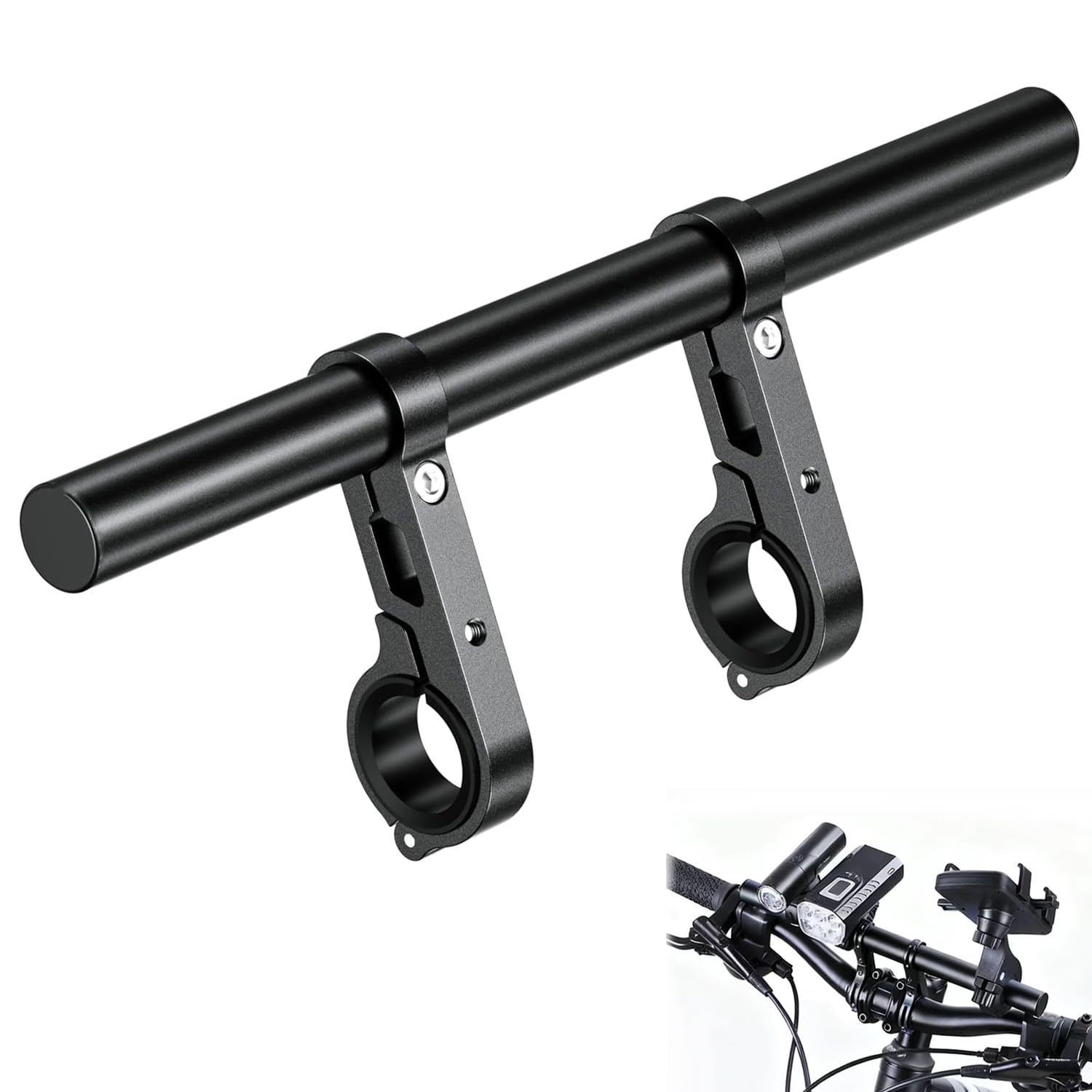 Bike Handlebar Extender, 11.8" Aluminum alloy Bicycle Handlebar Extension Bracket, Double Clamp Bike Bracket, For Bike Mounts, Phone Mount, Extender Bars, Headlights, Light Lamp (Black, 30cm)