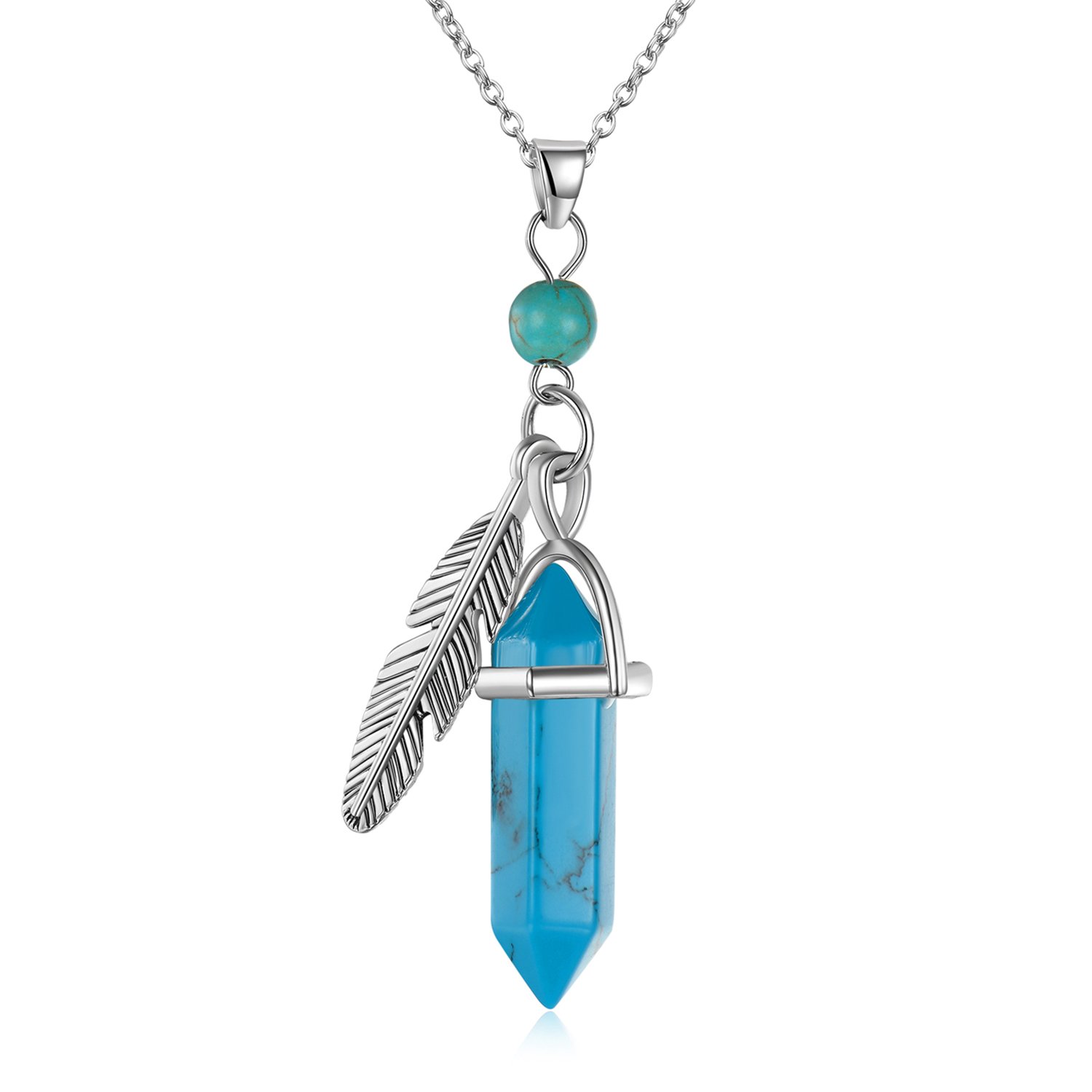 Gemstone Necklace, Hexagon Pen Pendant,Charming Natural Stone Bullet Stainless Steel Chain 18’ +2 Choice (Turquoise Howlite)